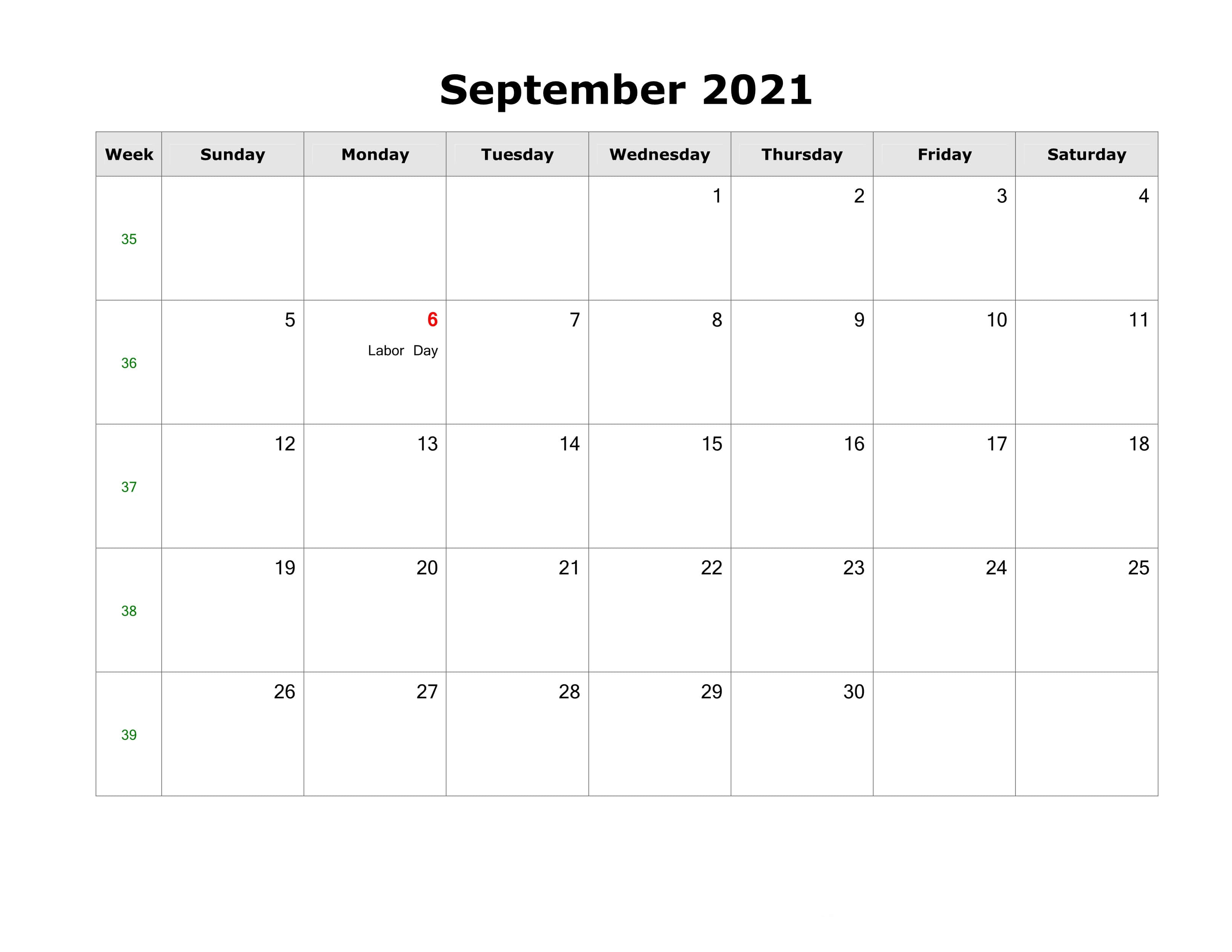 月曆 桌布 壁紙 — 2021年9月的簡潔極簡日曆，勞動節在6日星期一以紅色標記。