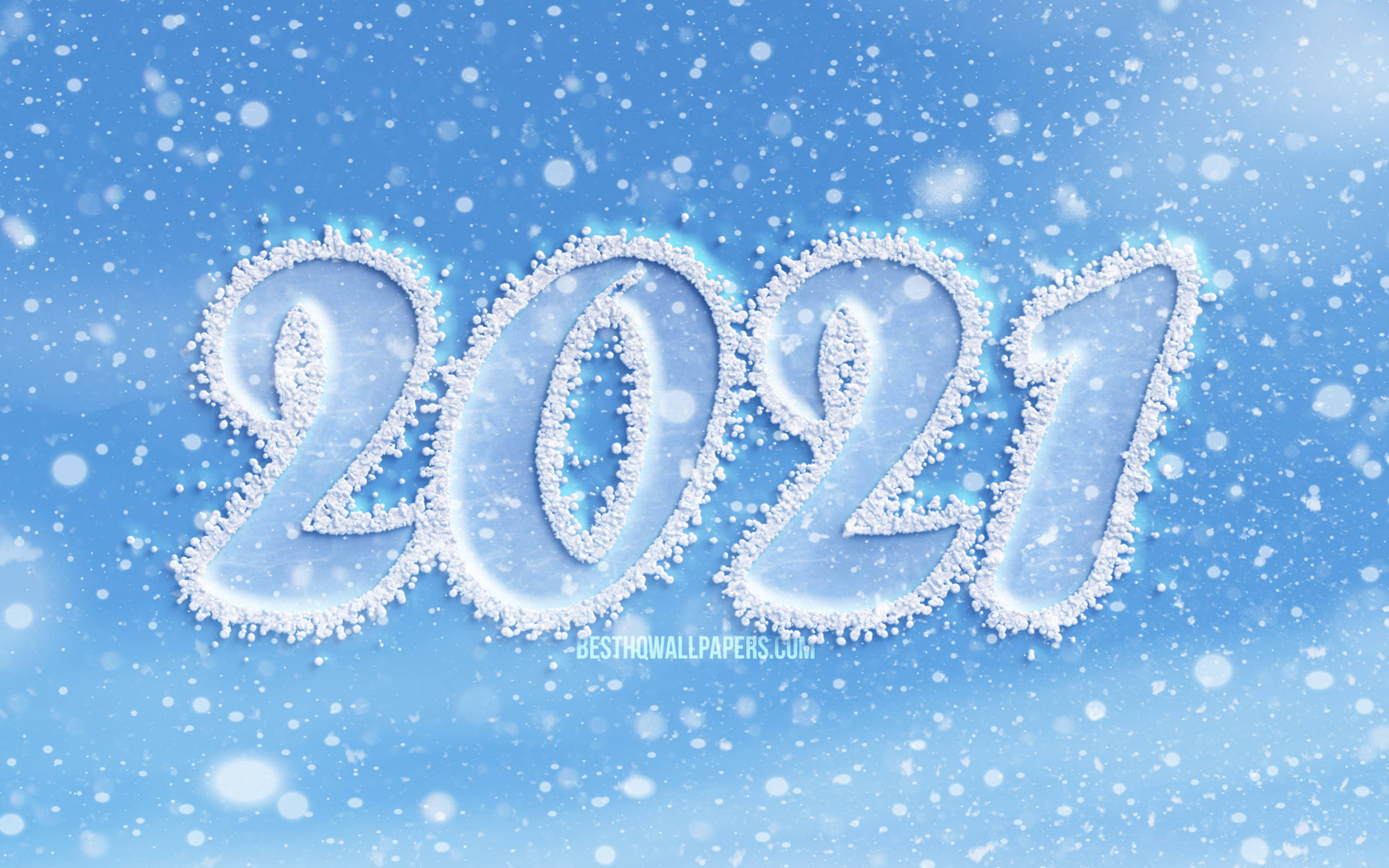 雪 桌布 壁紙 — 2021年以冰霜形態形成，襯托著柔和的藍天和飄落的雪花。