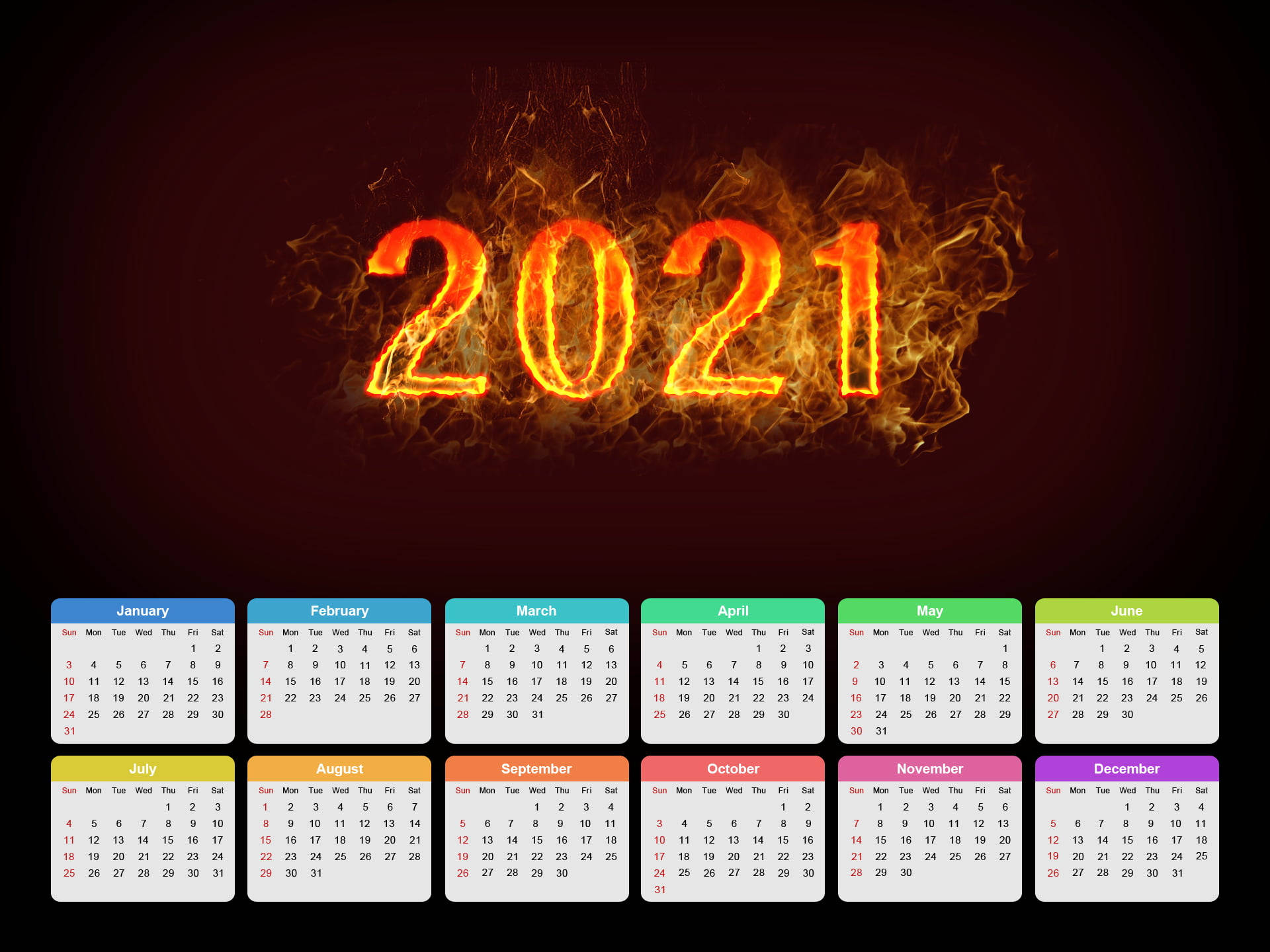 Calendar 桌布 壁紙 — 2021年以火熱的橙色字體在深紅色背景上發光，下方有十二個色彩繽紛的月曆。
