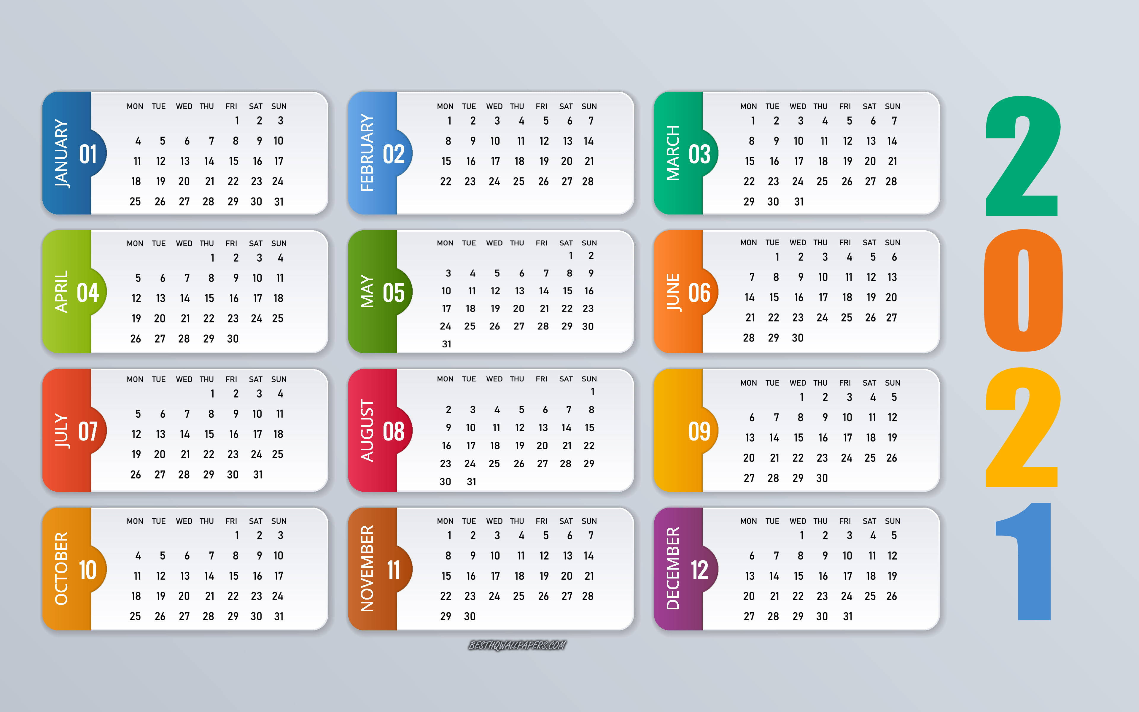 Calendar 桌布 壁紙 — 2021年年曆，帶有彩色月份標籤和淺灰色背景上的大粗體數字。