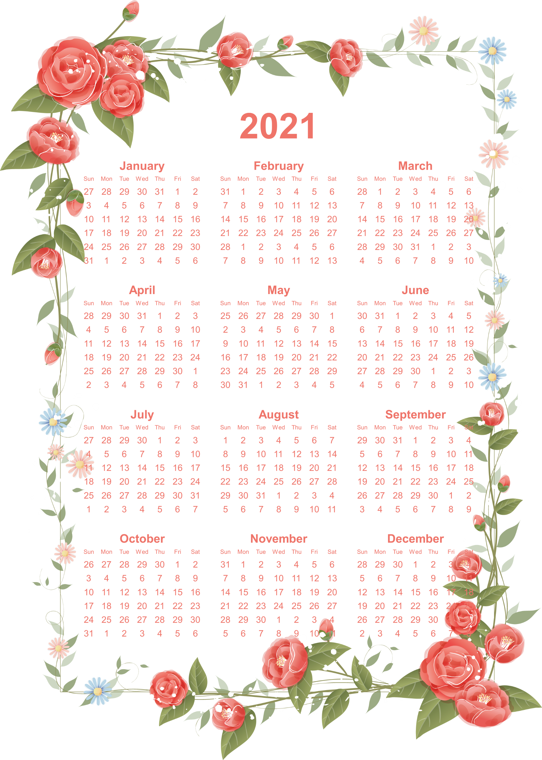 Calendar Date 桌布 壁紙 — 2021年月曆，紅色和藍色花朵及綠色葉子圍繞著白色月份和日期網格，背景為黑色。
