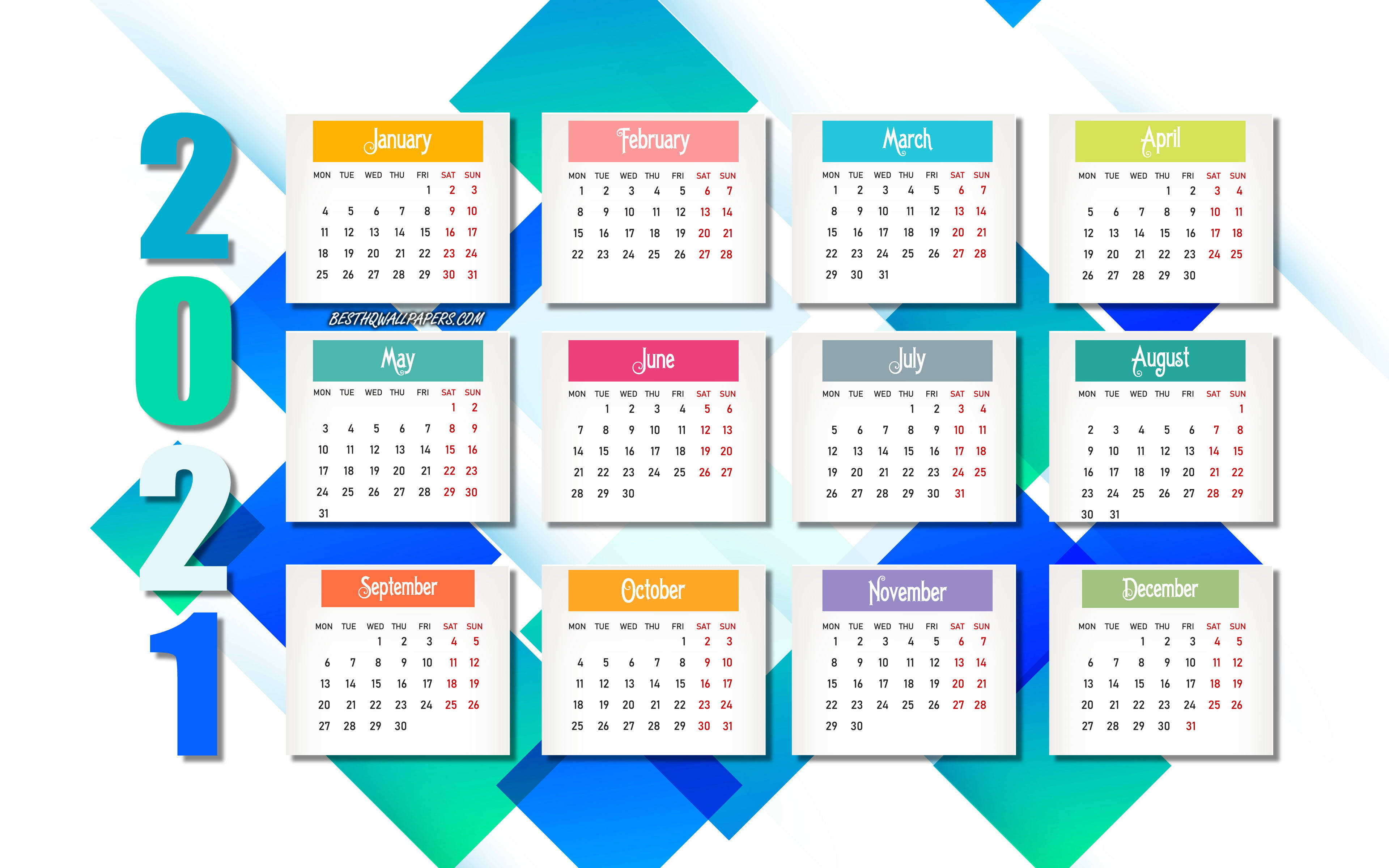 Calendar 桌布 壁紙 — 2021年月曆，色彩繽紛的每月網格置於動態藍色和藍綠色幾何背景上。