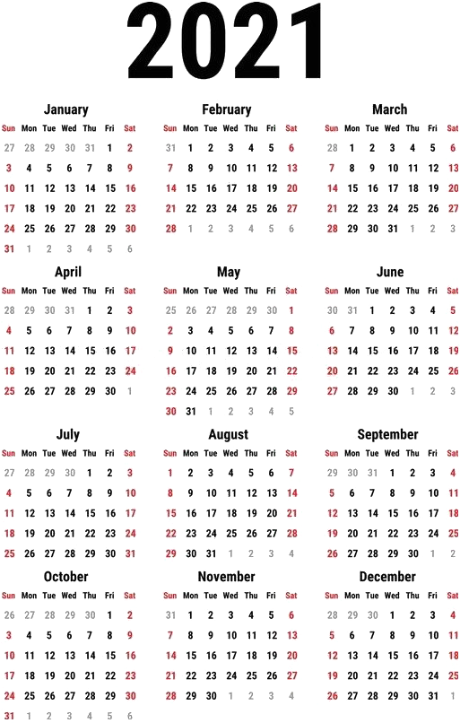 剪貼畫 桌布 壁紙 — 2021年簡約日曆，白色文字配黑色背景，日期帶有紅色強調。