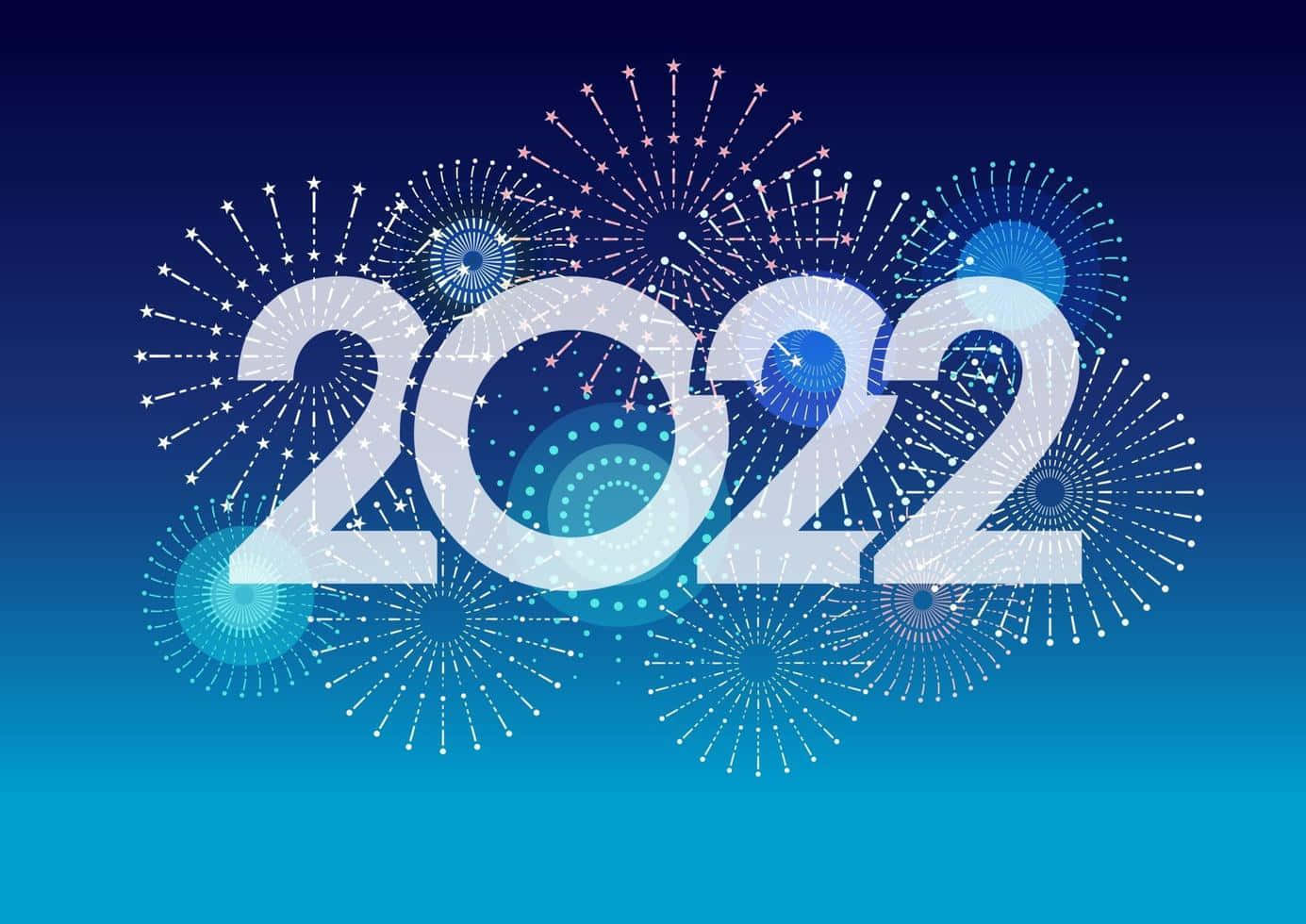 Fireworks 桌布 壁紙 — 2022 年以粗體白色字體在漸變藍色天空背景下發光，周圍環繞著風格化的煙火和圓形圖案。