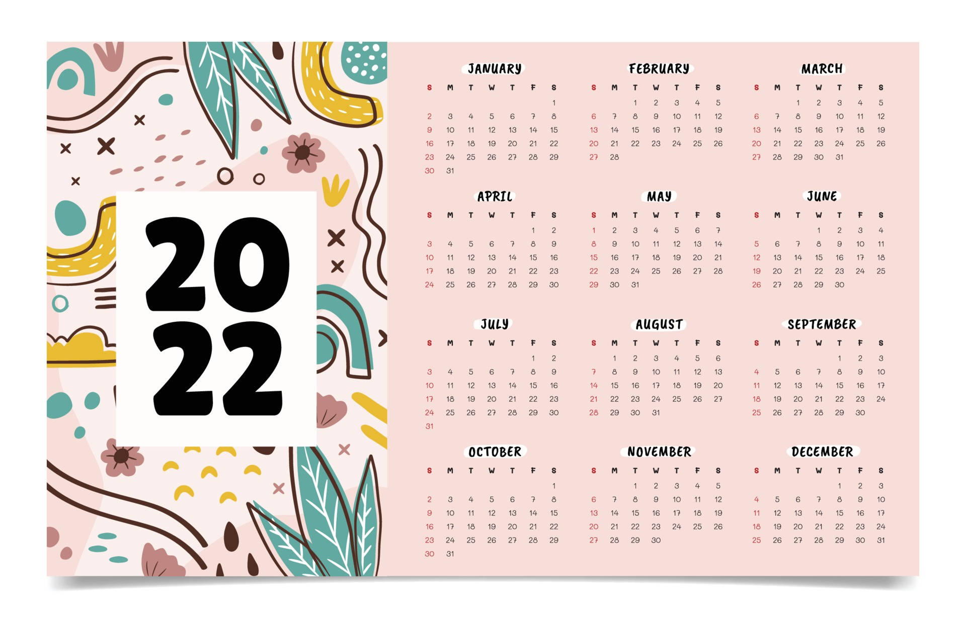Calendar 桌布 壁紙 — 2022 年月曆，以柔和的粉紅色背景配上粗體黑色數字和色彩繽紛的抽象塗鴉。