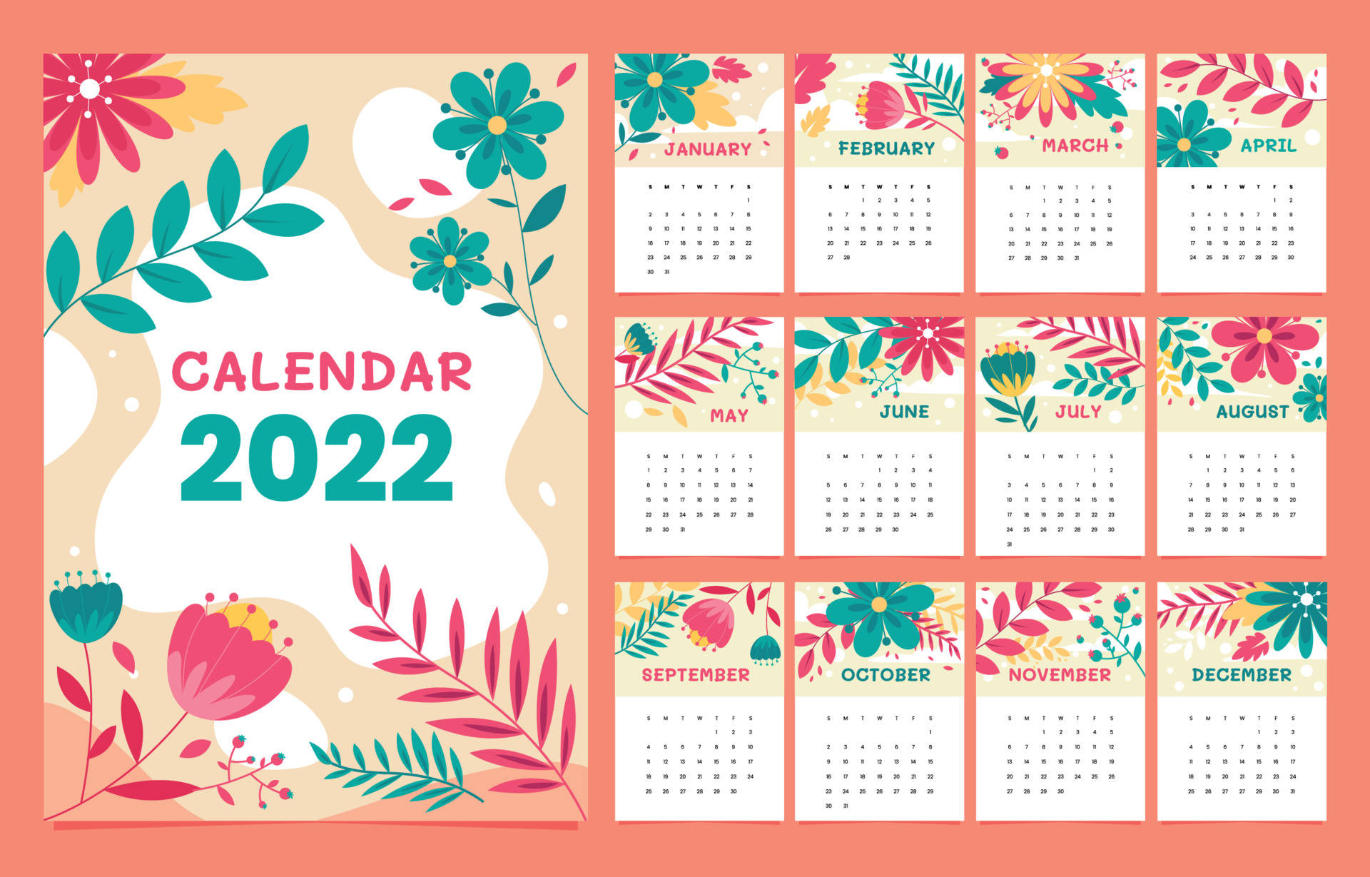 Calendar 桌布 壁紙 — 2022 年月曆，帶有粉紅色、藍綠色和黃色的花卉插圖，背景為珊瑚色。