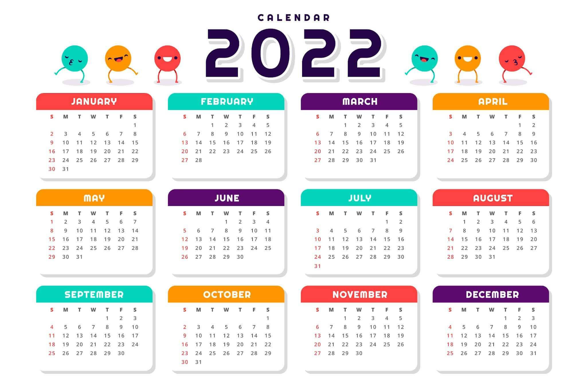 Calendar 桌布 壁紙 — 2022 年月曆，每個月的網格佈局上方有彩色卡通面孔。