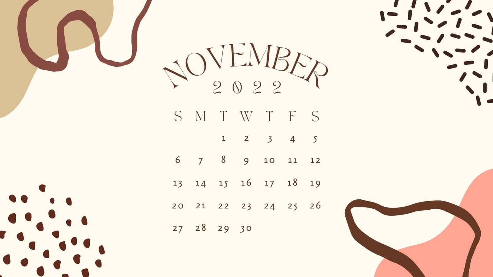 Months 桌布 壁紙 — 2022年11月日曆，奶油色背景上帶有抽象棕色和粉紅色形狀。