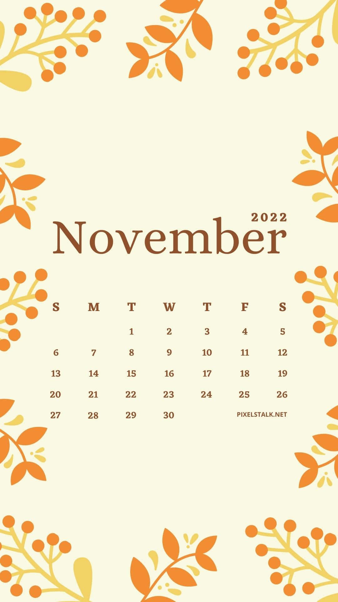 十一月 桌布 壁紙 — 2022年11月月曆，橙色樹枝葉片環繞米色背景。