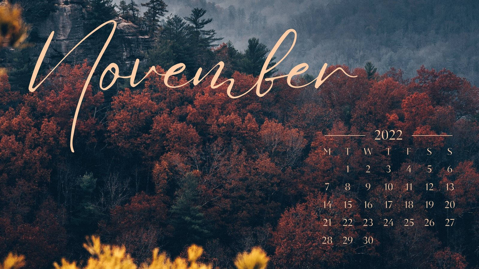 美學 桌布 壁紙 — 2022年11月的日曆疊加在一個迷霧森林上，有火紅和橙色的秋天樹葉。