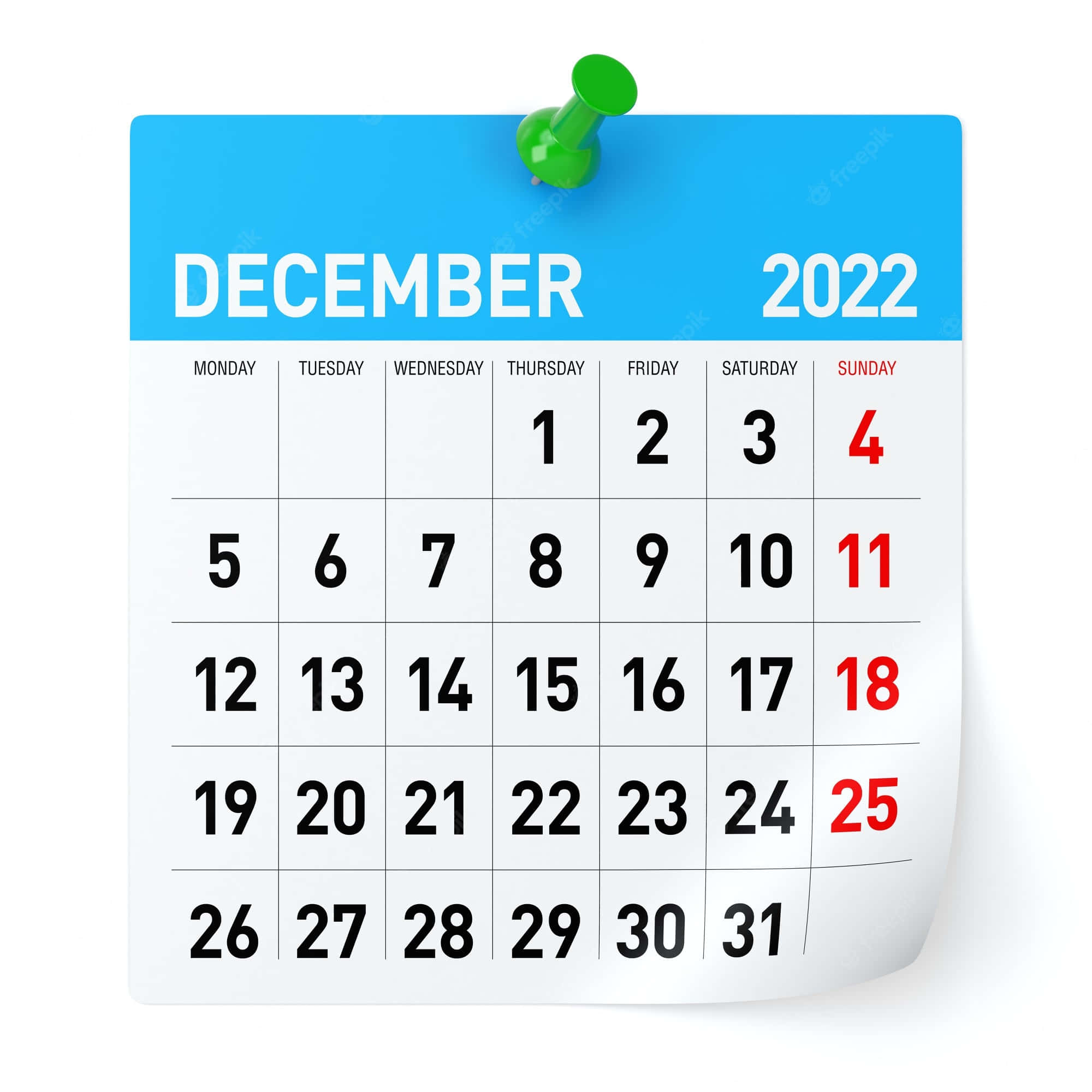 十二月 桌布 壁紙 — 2022年12月的日曆頁面，用綠色圖釘固定在乾淨的白色背景上。