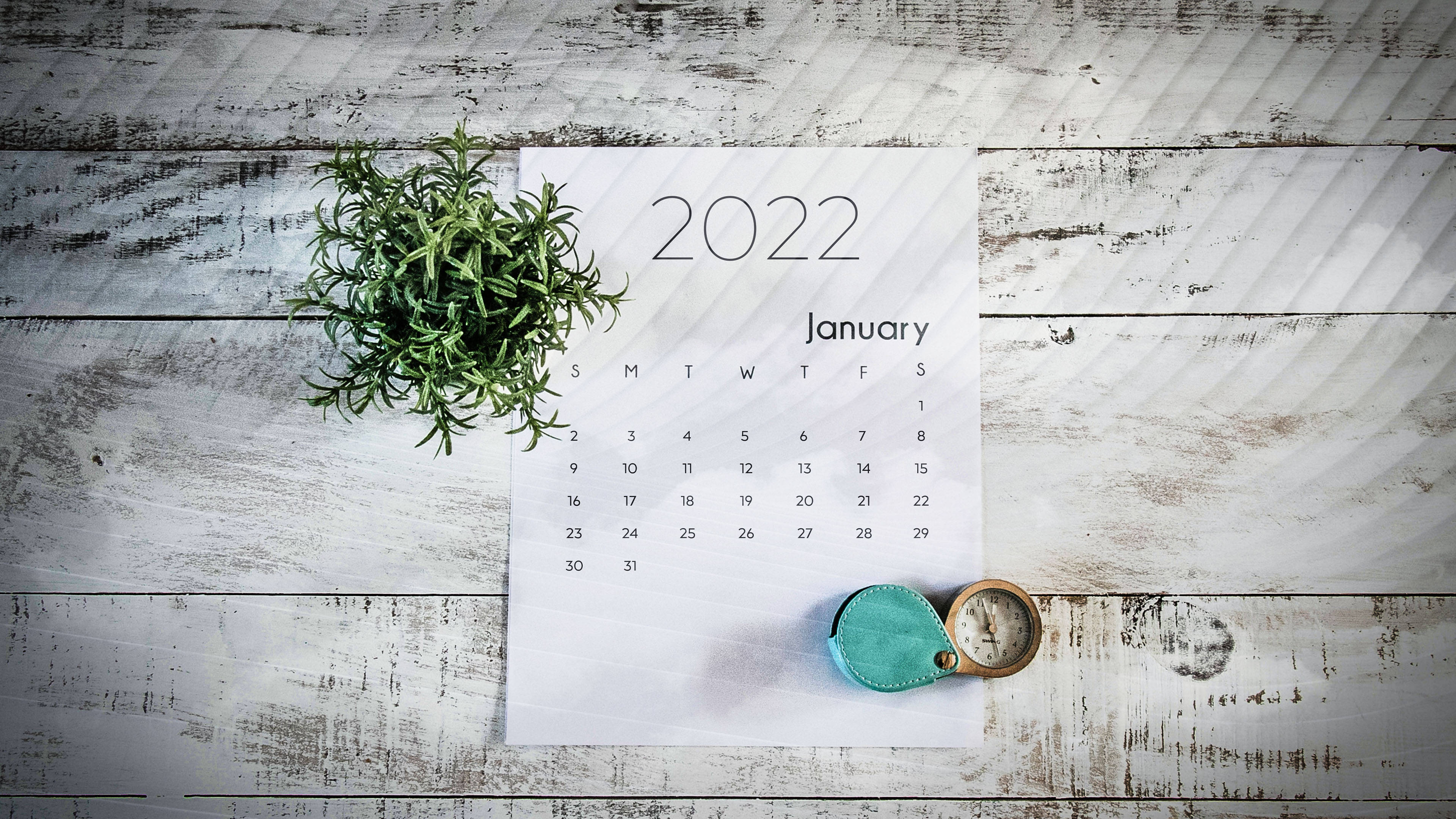 Calendar 桌布 壁紙 — 2022年1月日曆放在經風化的白色木頭上，旁邊有一枝迷迭香和一個青綠色指南針。