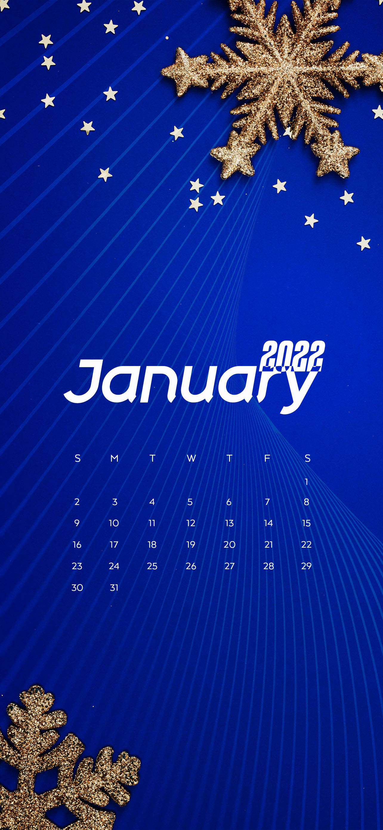月曆 桌布 壁紙 — 2022年1月的鮮豔藍色數位日曆，飾有閃閃發光的金色雪花和白色星星，背景是放射狀的對角線。