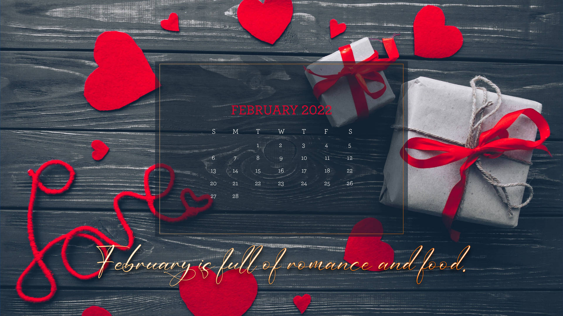 2022年2月日曆被紅色心形和包裝禮物環繞在深色木頭上。 — 二月 GIF 壁紙