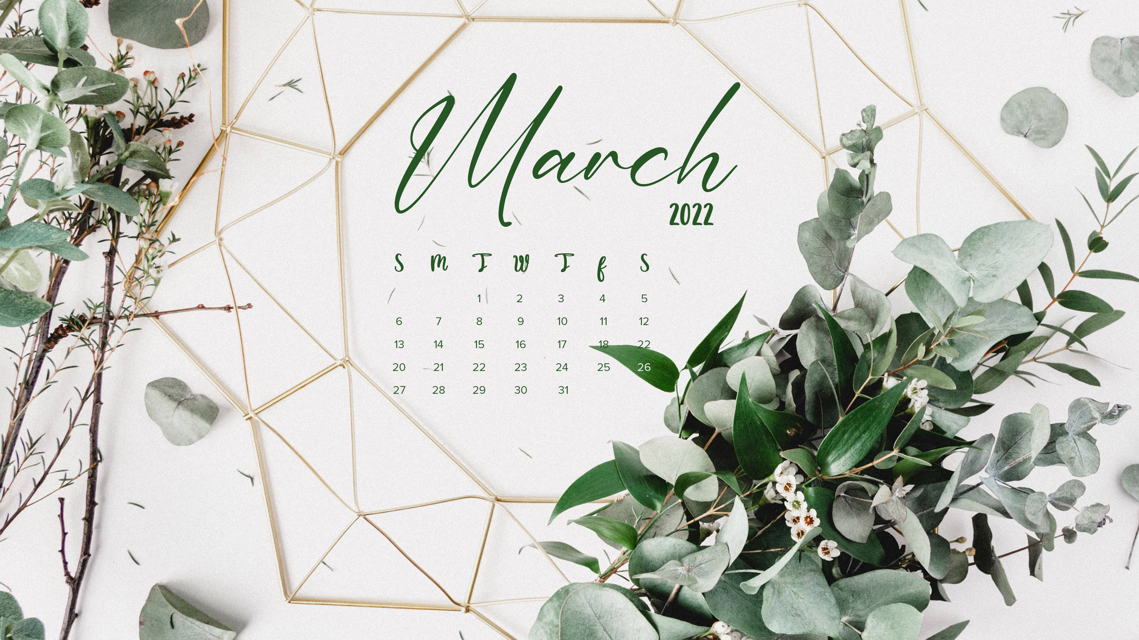 March 桌布 壁紙 — 2022年3月日曆，以新鮮桉樹枝和金色幾何線條框住，背景為純白色。