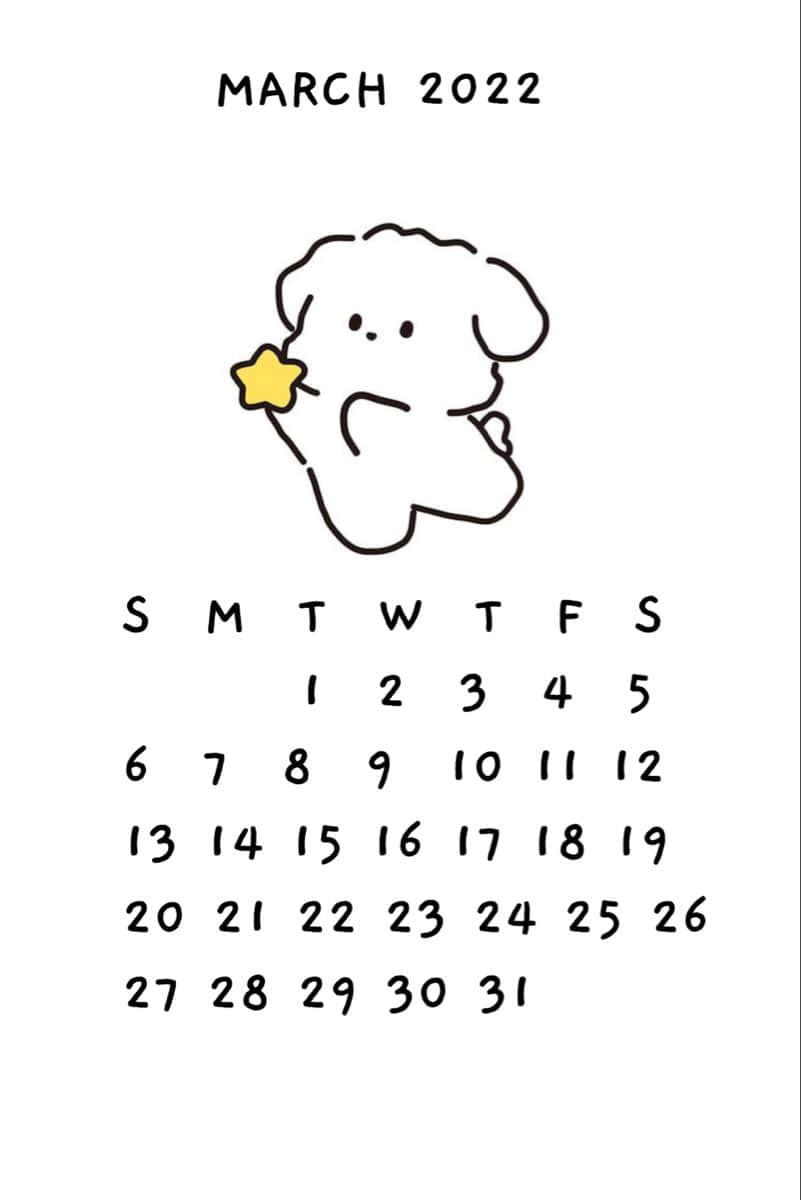 March 桌布 壁紙 — 2022年3月的極簡手繪日曆，可愛的小狗在網格上方拿著一顆黃色星星。