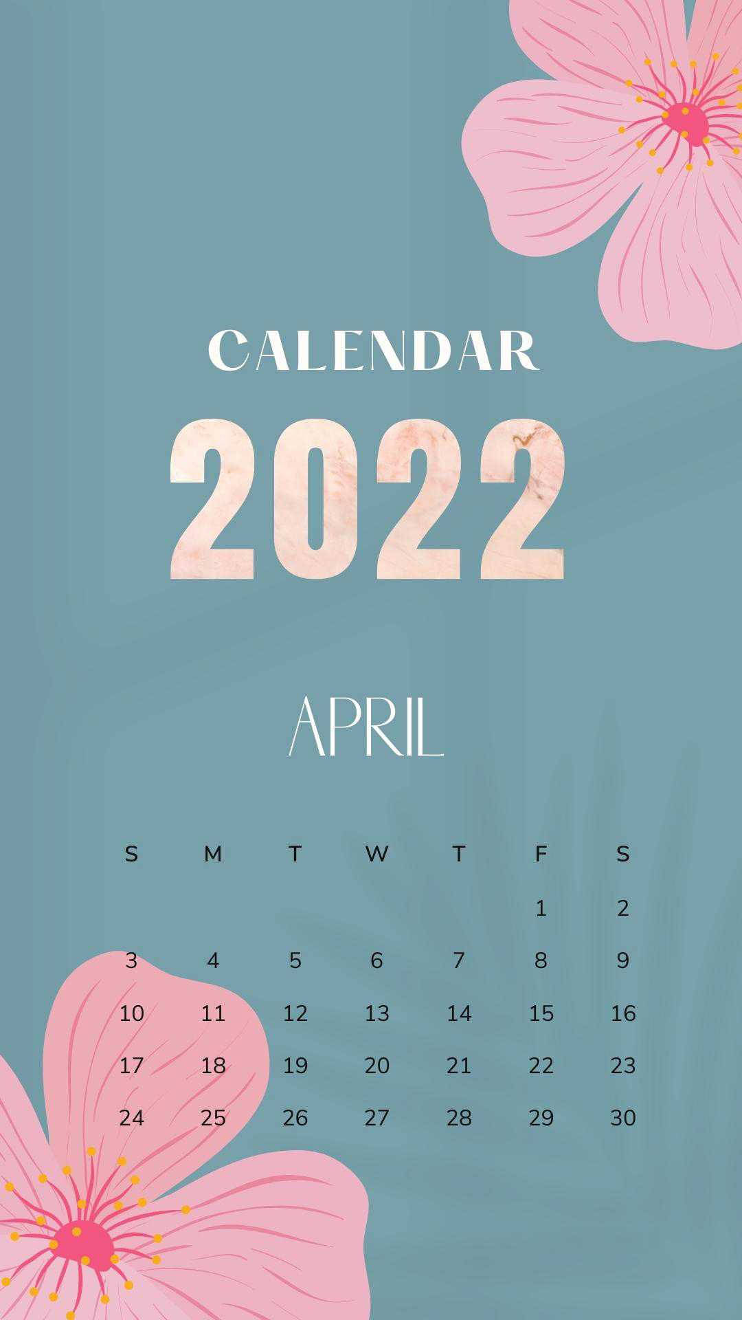 April 桌布 壁紙 — 2022年4月日曆，粉紅色櫻花在青綠色背景上。