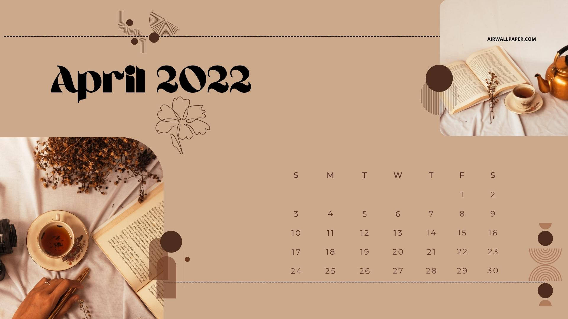 April 桌布 壁紙 — 2022年4月日曆桌布，茶、書、相機和乾花，溫暖大地色調。