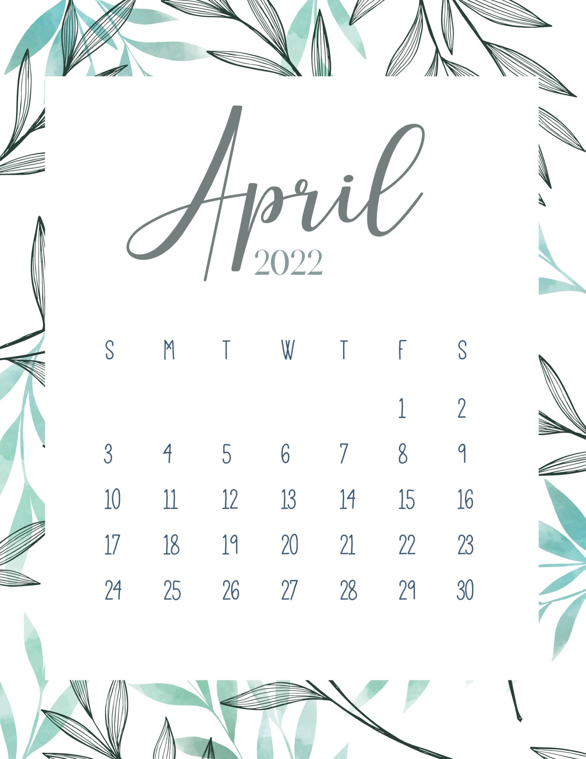 月曆 桌布 壁紙 — 2022年4月月曆，以精緻的藍綠色和黑色植物插圖框在潔白背景上。
