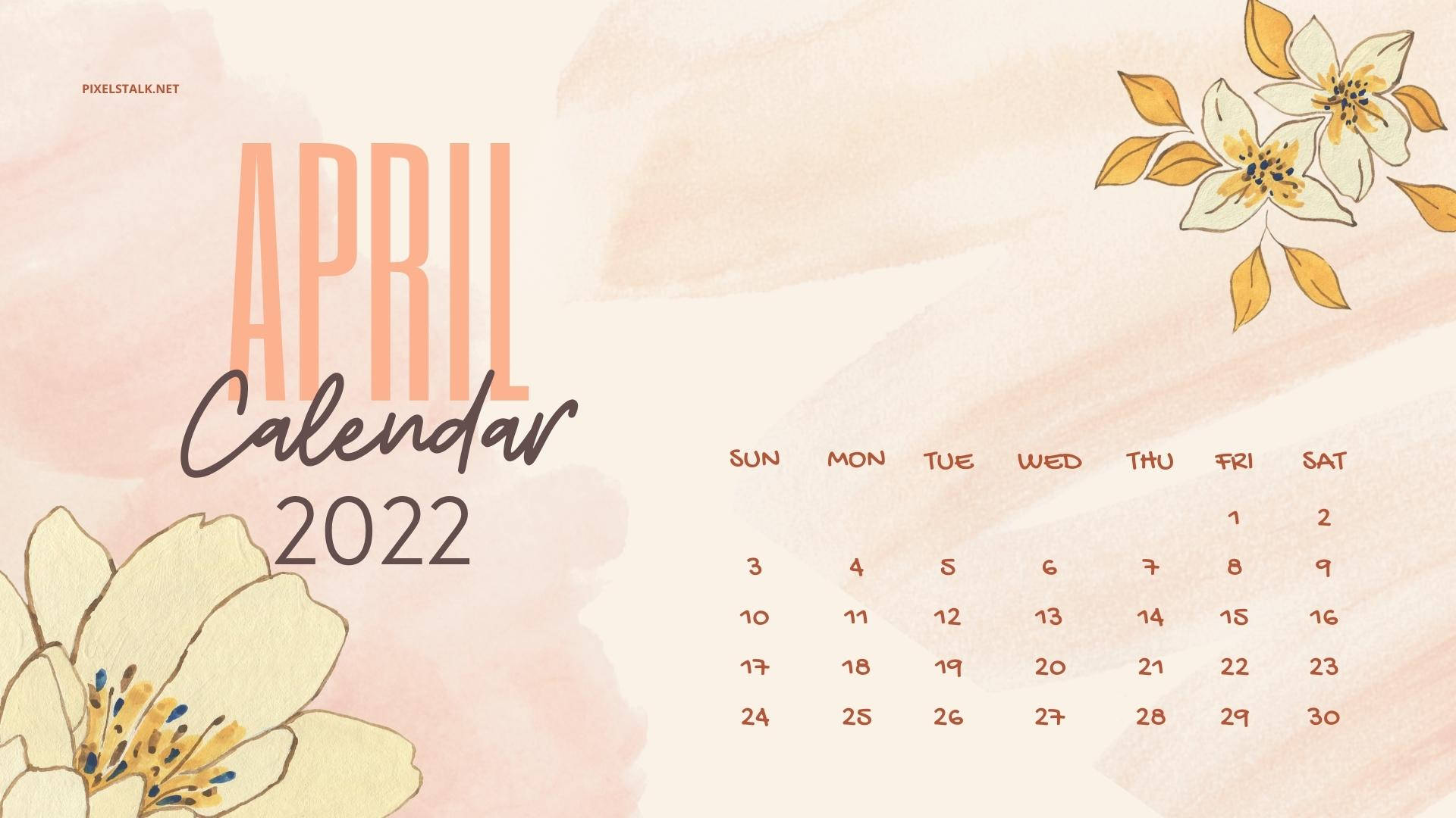 April 桌布 壁紙 — 2022年4月月曆，柔和的水彩背景，配上蜜桃和奶油色調的精緻手繪花朵。