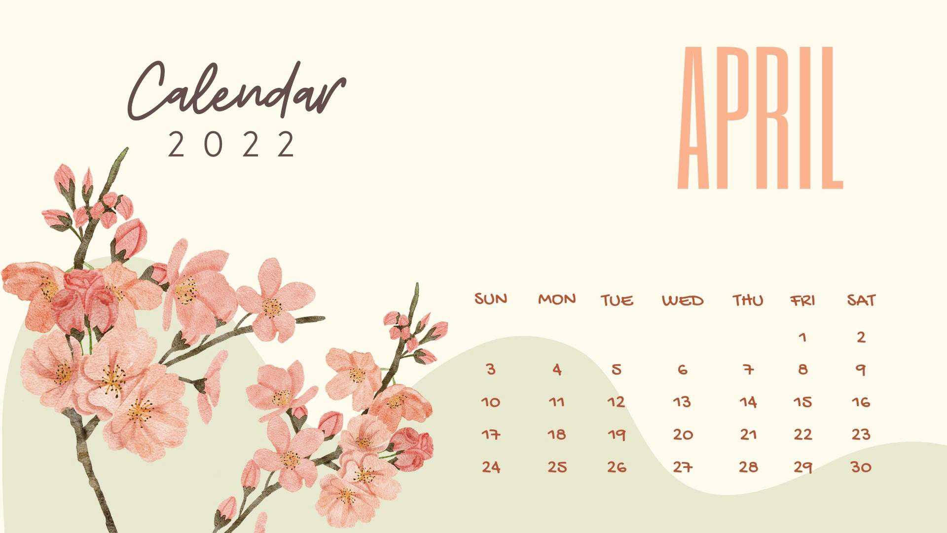 月曆 桌布 壁紙 — 2022年4月的柔和水彩月曆，以精緻的粉紅櫻花點綴在奶油色背景上。