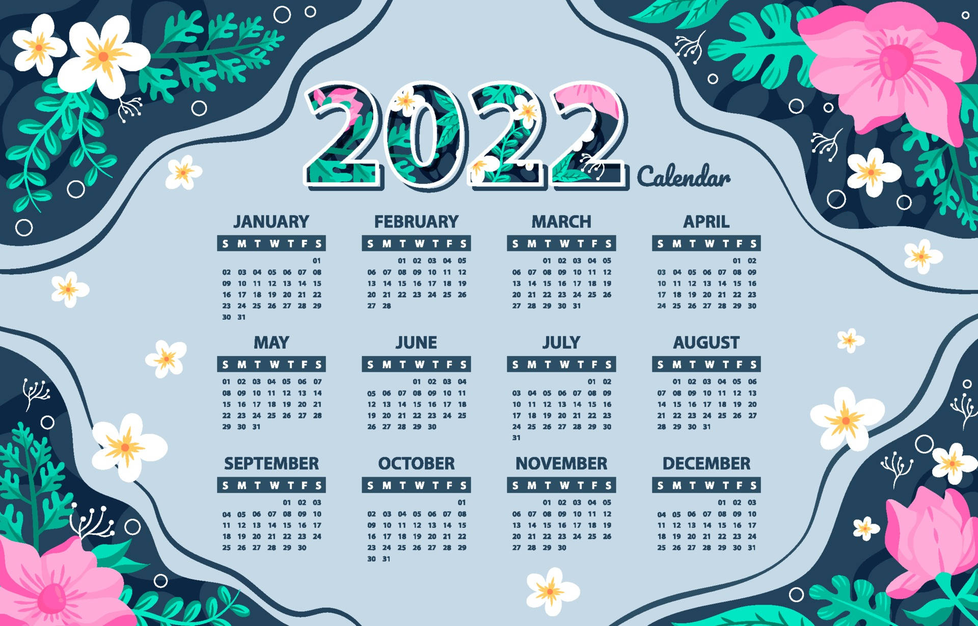 Calendar 桌布 壁紙 — 2022年年曆，帶有花卉插圖和柔和色彩，背景為淺藍色。