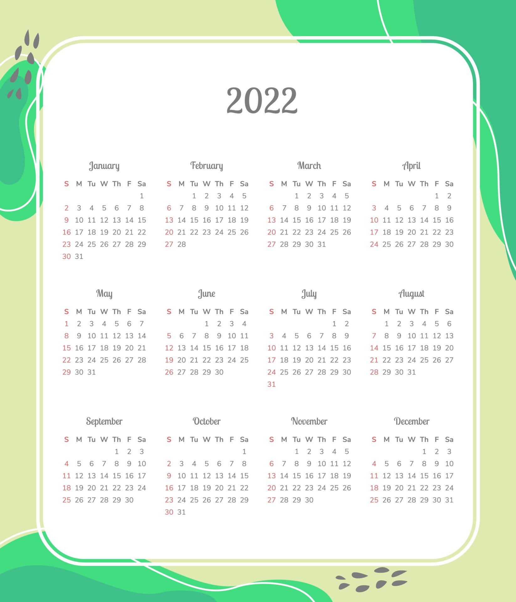 Calendar 桌布 壁紙 — 2022年年曆，採用簡潔網格和柔和綠色抽象葉片邊框，背景為淺色。