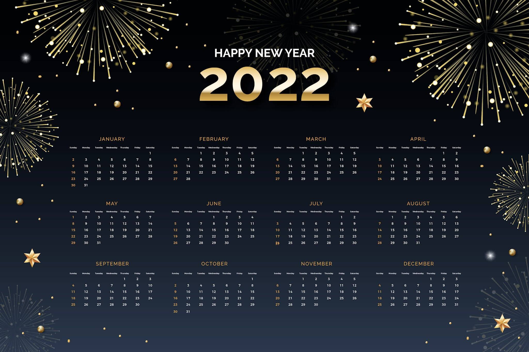 Calendar 桌布 壁紙 — 2022年新年日曆，深色背景上有金色煙火和星星。
