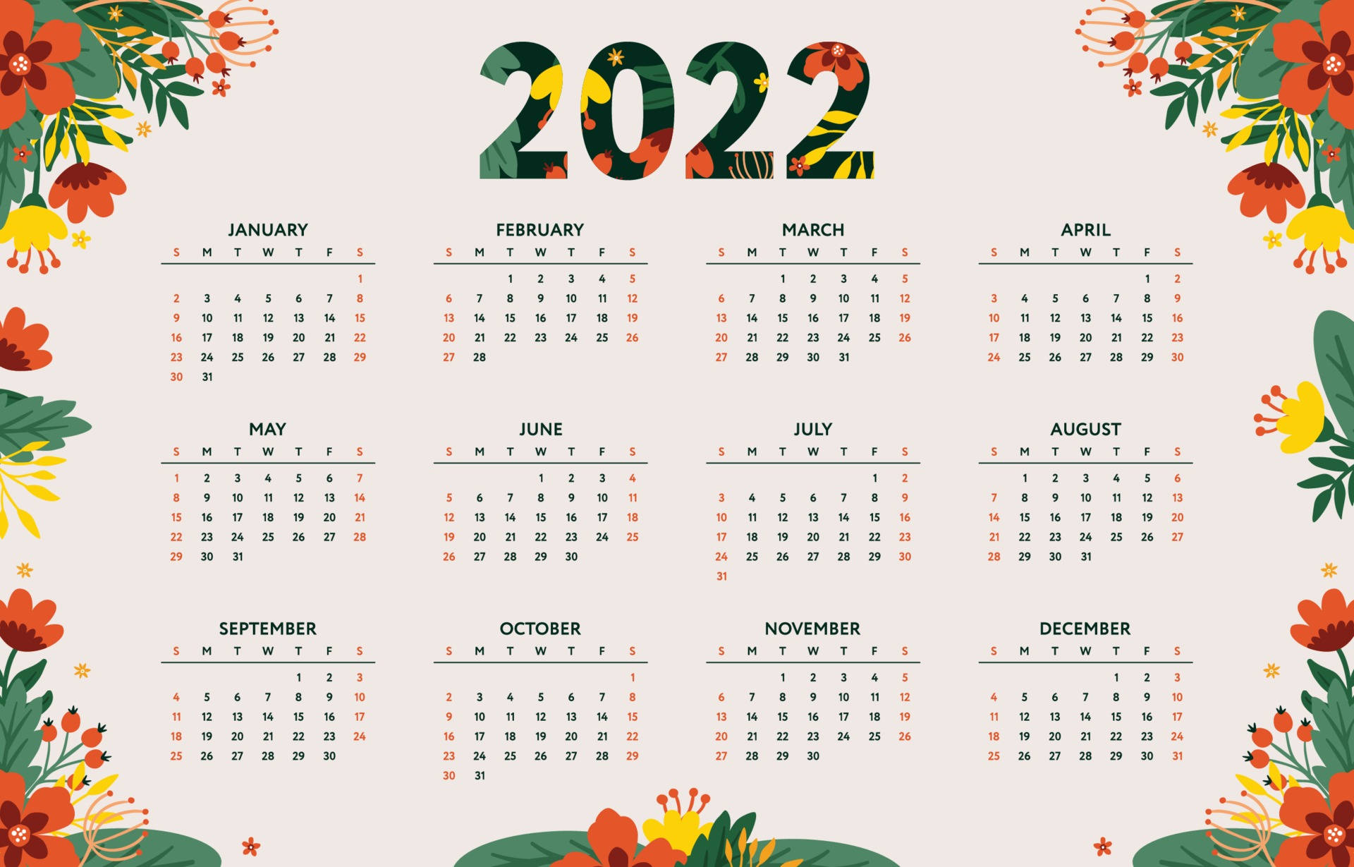 Calendar 桌布 壁紙 — 2022年日曆，帶有花卉邊框和彩色數字，背景為淺色。