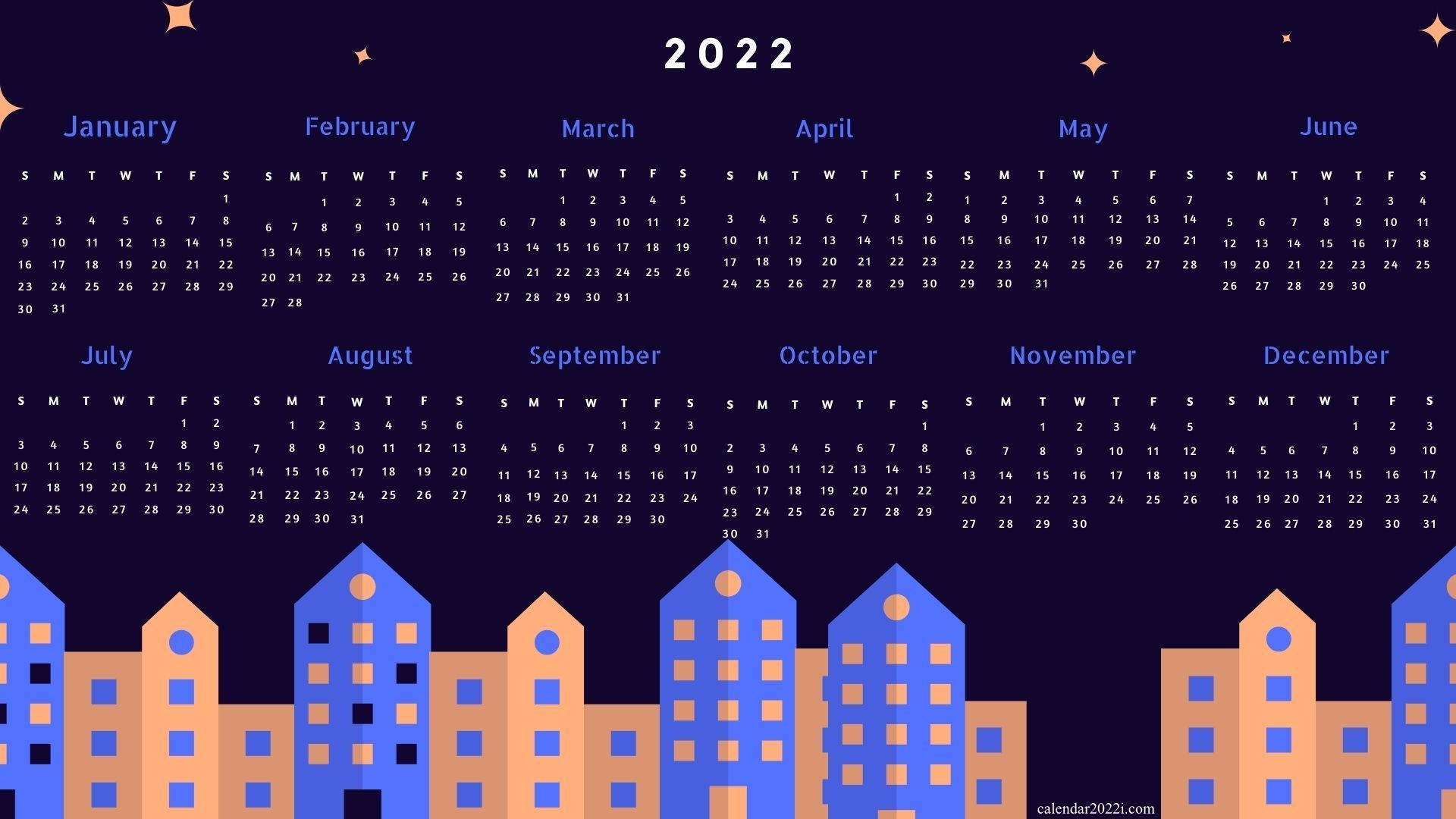 Calendar 桌布 壁紙 — 2022年月曆，以深色星空為背景，搭配風格化的藍色和橙色建築物。