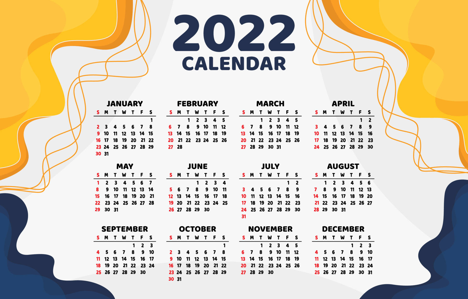 月曆 桌布 壁紙 — 2022年月曆，月份以網格排列在白色背景上，周圍環繞著流動的黃色和藍色抽象波浪。