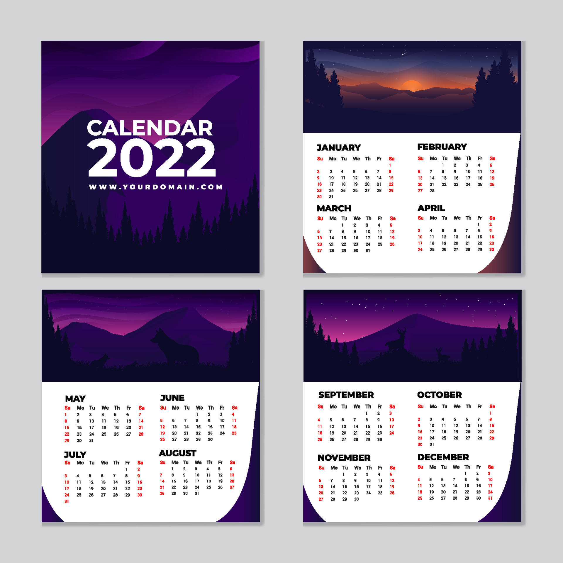 Calendar 桌布 壁紙 — 2022年月曆，紫色山脈剪影與紅色日期映襯暮色天空。