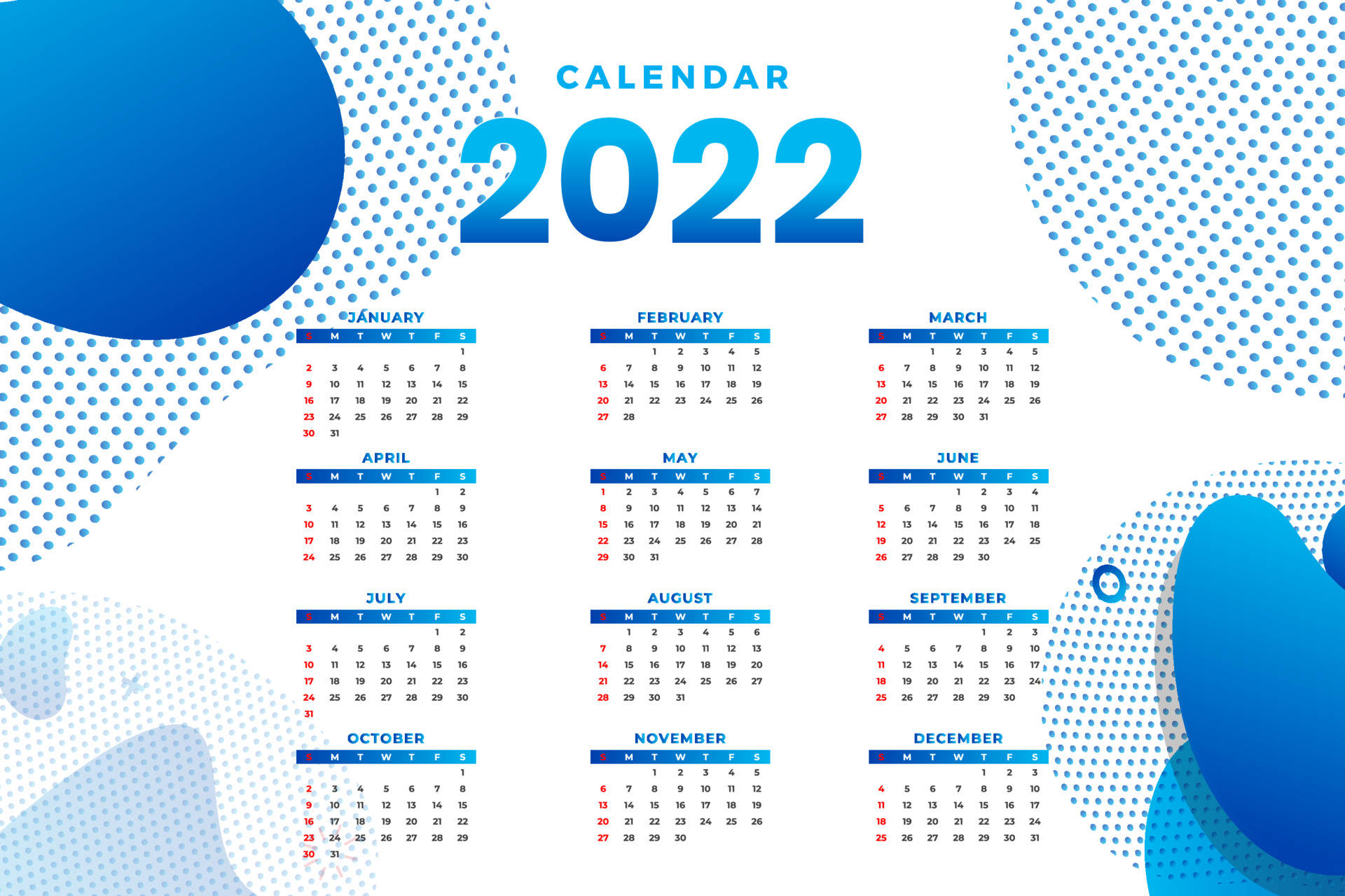 Calendar 桌布 壁紙 — 2022年月曆，藍色抽象形狀和點狀圖案圍繞著每月網格。