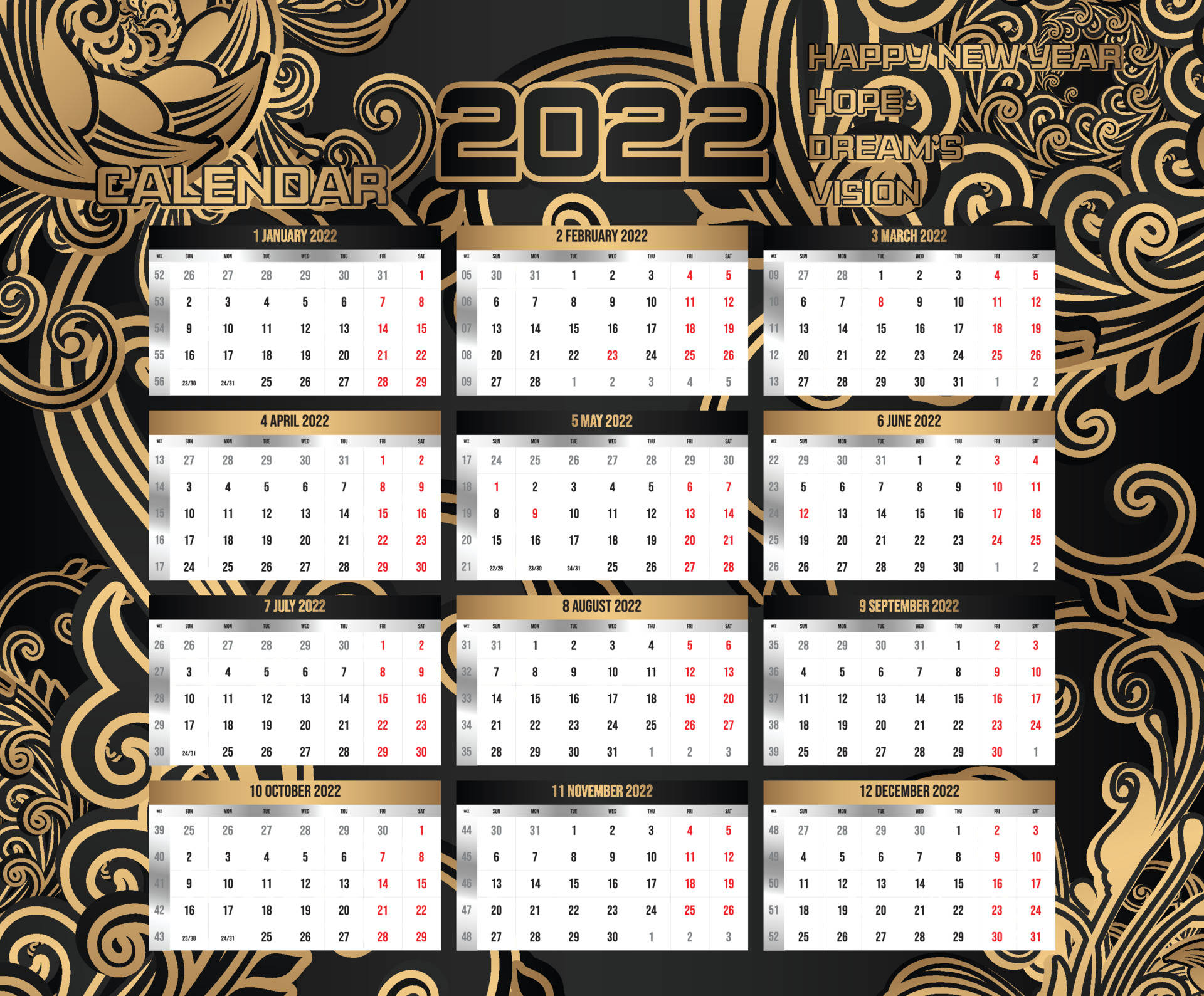 Calendar 桌布 壁紙 — 2022年月曆，黑色背景上帶有金色華麗漩渦紋，每月網格顯示紅色週末日期。