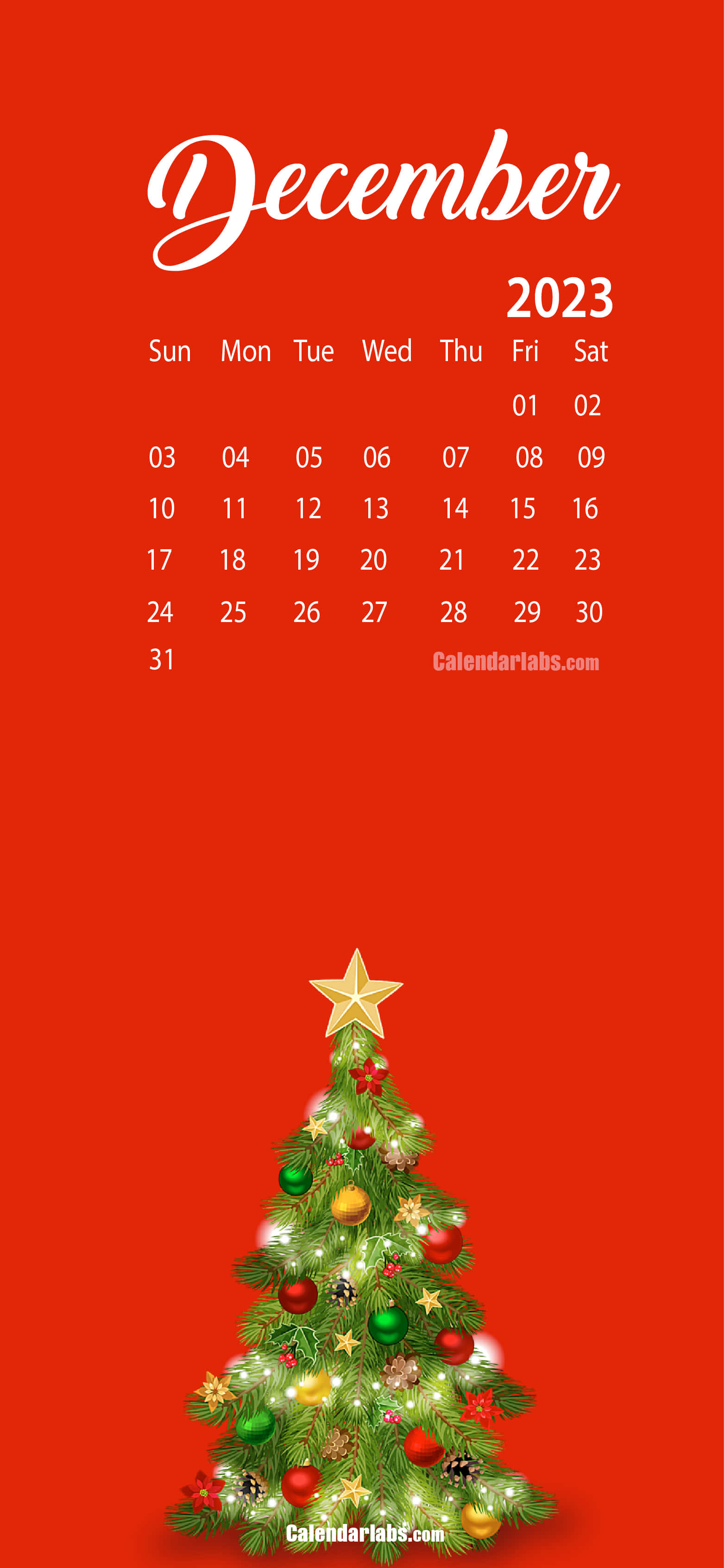 Cute December 桌布 壁紙 — 2023年12月的節日曆，裝飾華麗的聖誕樹在鮮紅色背景上閃閃發光。