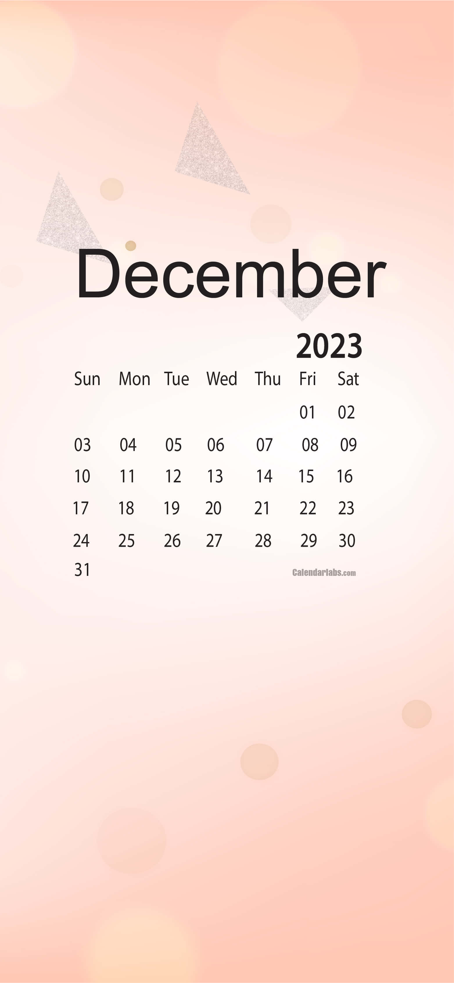 Cute December 桌布 壁紙 — 2023年12月簡約日曆，帶有柔和蜜桃色散景和閃亮三角形，背景為粉彩漸變色。
