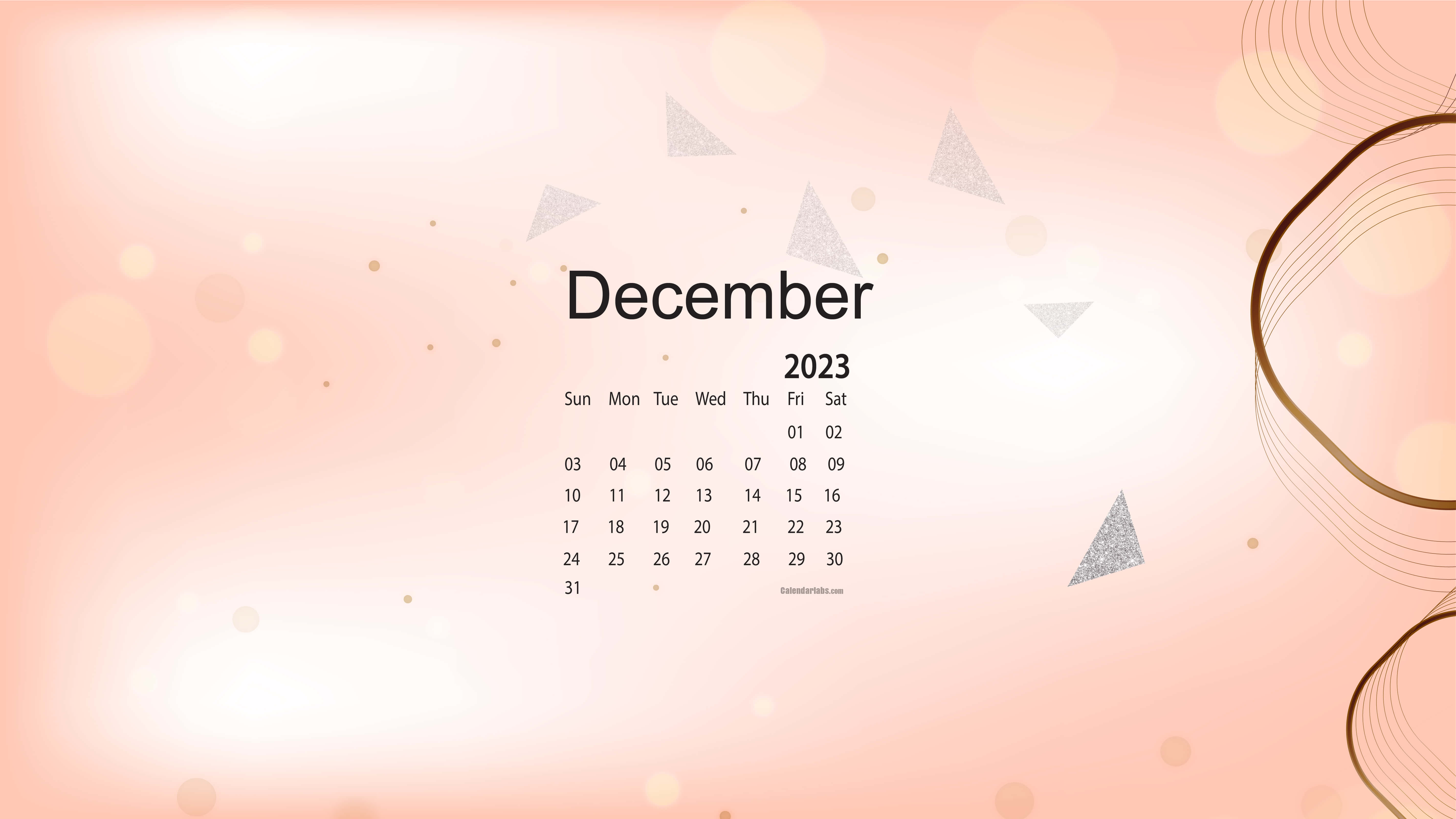 Cute December 桌布 壁紙 — 2023年12月簡約月曆，柔和蜜桃色背景，搭配亮粉三角形和金色散景效果。