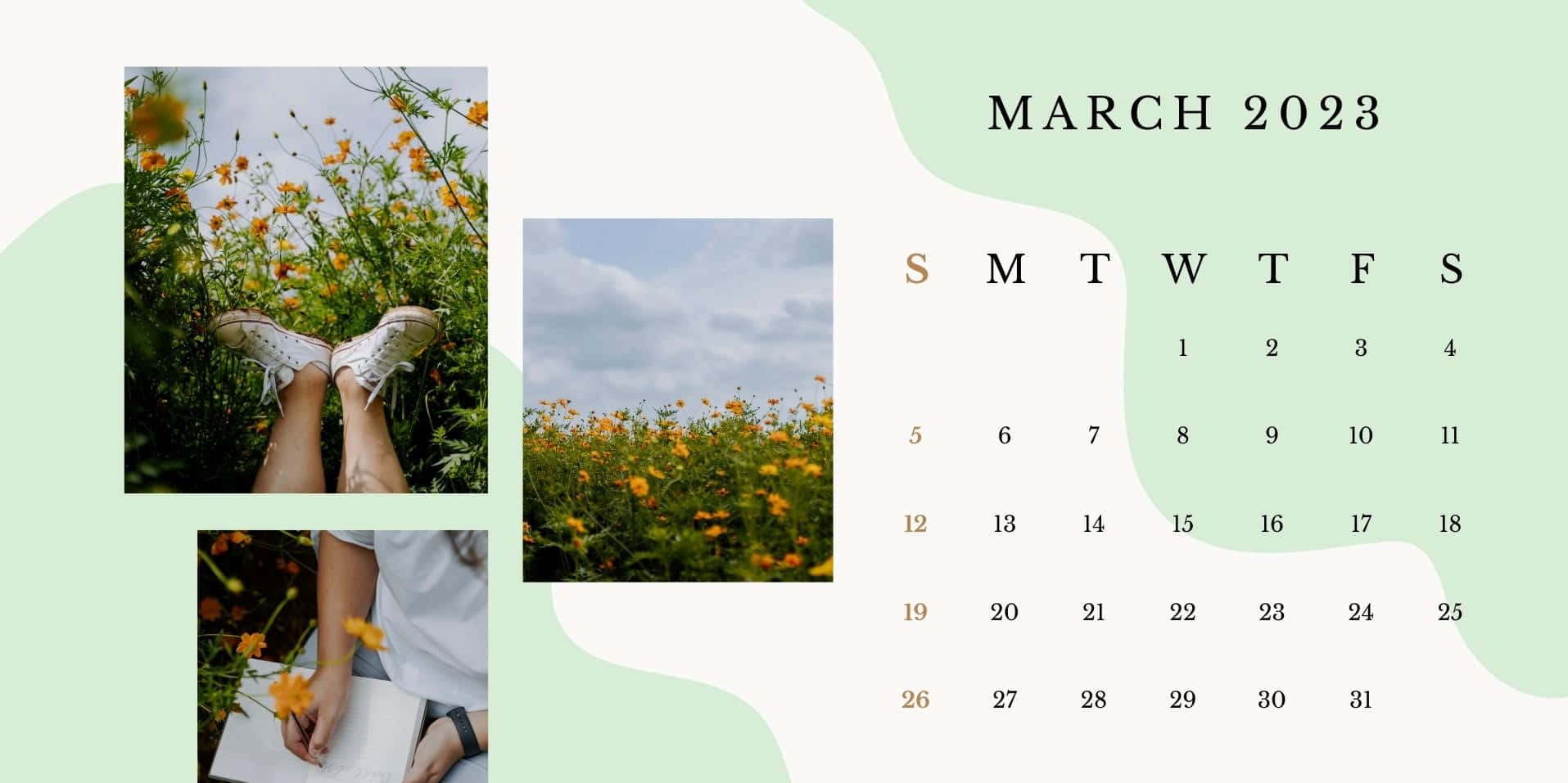 March 桌布 壁紙 — 2023年3月日曆，帶有柔和的綠色抽象形狀，以及白色運動鞋中的腿部和在橙色花田中寫字的手的照片。