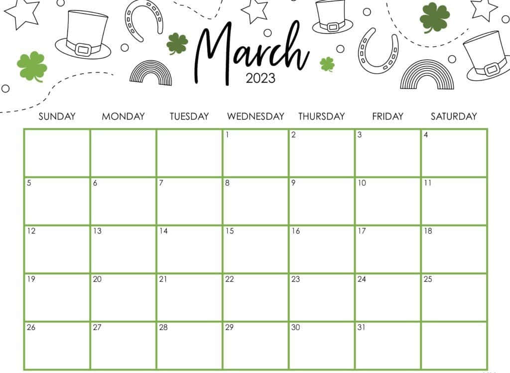 March 桌布 壁紙 — 2023年3月日曆，帶有綠色網格線和節日聖派翠克節圖標，如帽子、馬蹄鐵和三葉草。