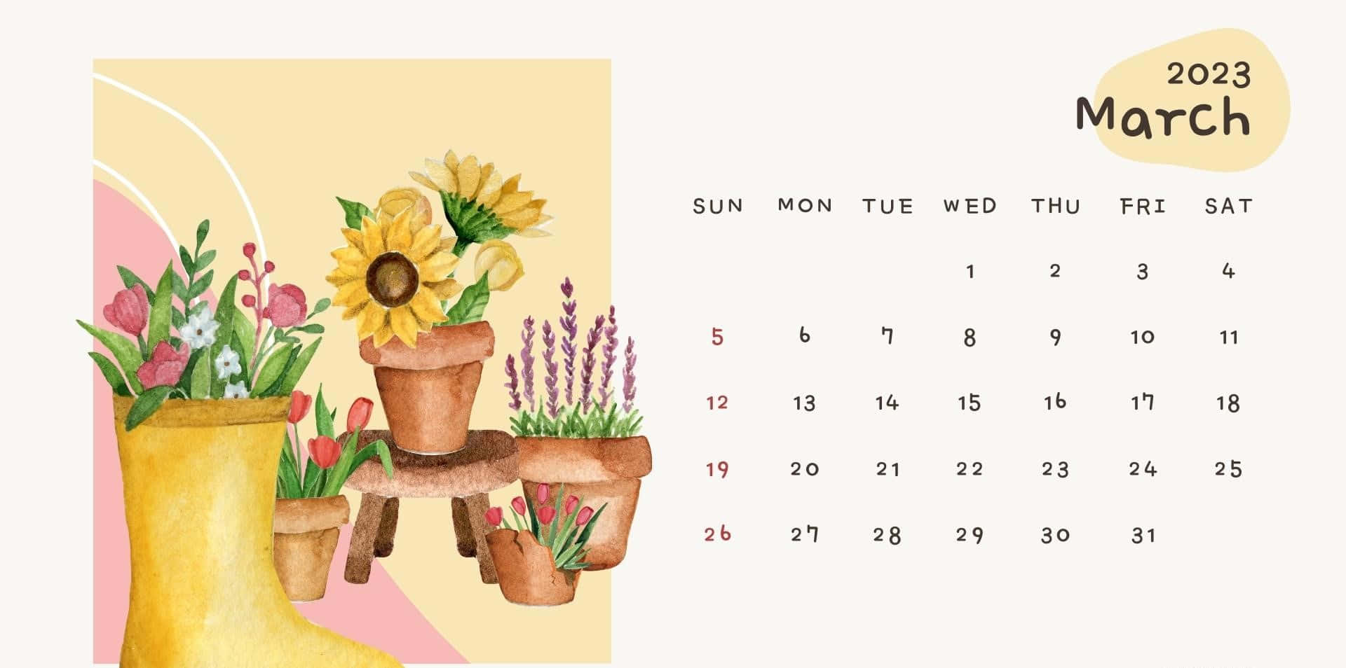 March 桌布 壁紙 — 2023年3月的歡樂水彩月曆，木架上擺放著種有向日葵、鬱金香和薰衣草的陶盆，襯著柔和的粉彩背景。