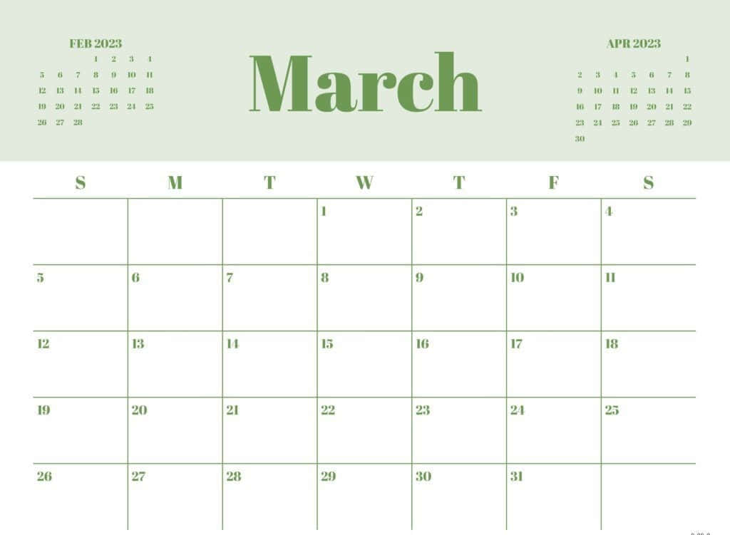 March 桌布 壁紙 — 2023年3月的簡約日曆，淺色背景上帶有柔和綠色文字，顯示相鄰月份。