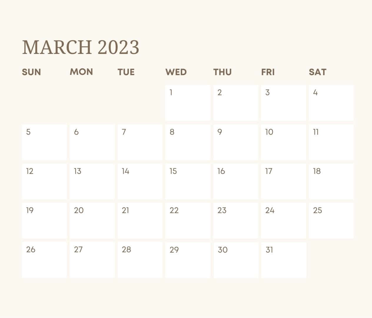 March 桌布 壁紙 — 2023年3月簡約日曆，採用乾淨的米色和白色佈局及無襯線字體。