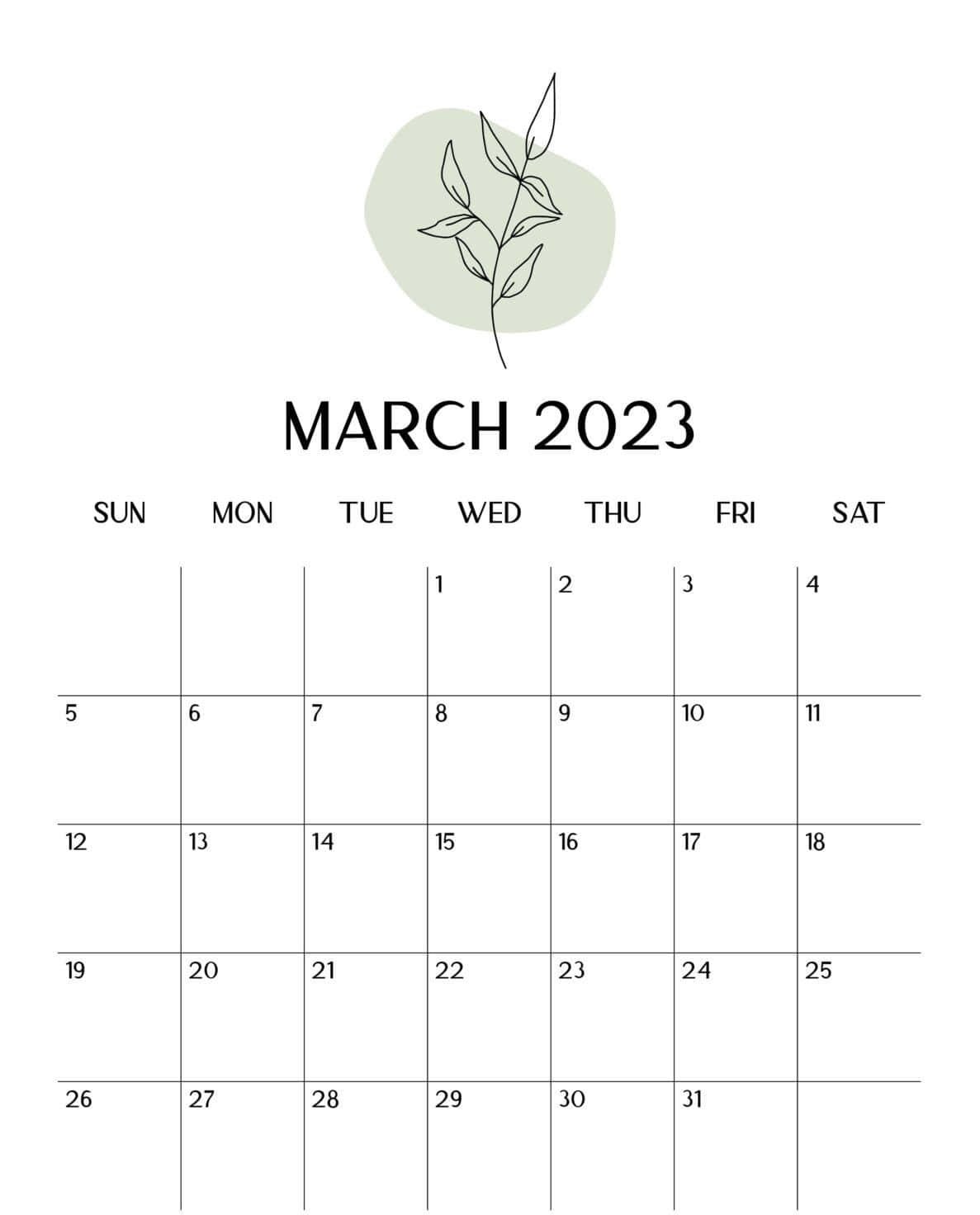 March 桌布 壁紙 — 2023年3月簡約日曆，線條清晰，帶有柔和綠色的精緻葉子插圖。