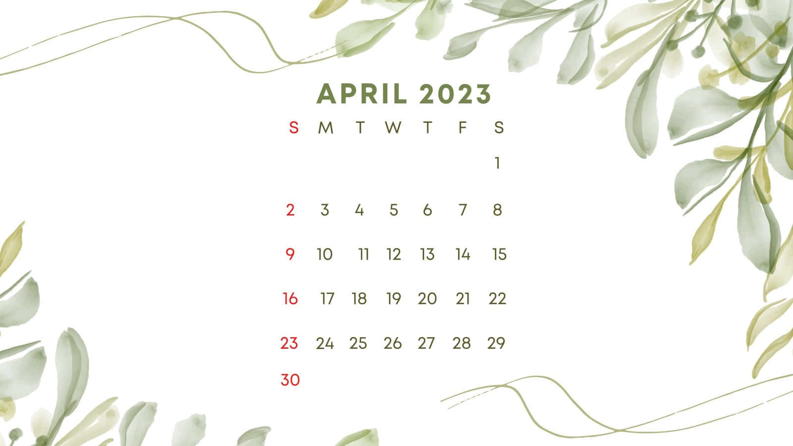 月曆 桌布 壁紙 — 2023年4月日曆，以精緻的水彩綠色葉子和藤蔓框在乾淨的白色背景上。