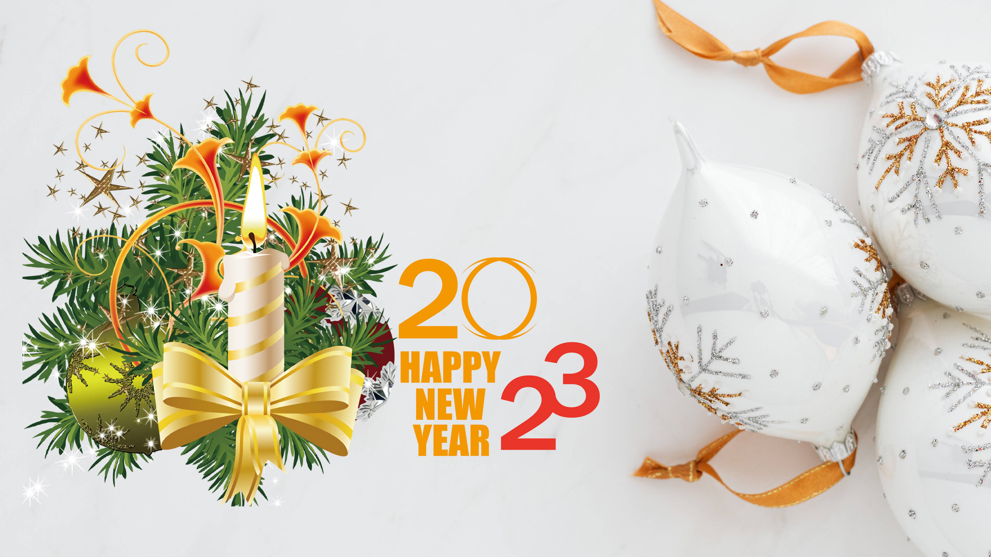 節日 桌布 壁紙 — 2023年新年賀卡，飾有燃燒的蠟燭、金色蝴蝶結、松樹枝和帶有雪花圖案的白色氣球。