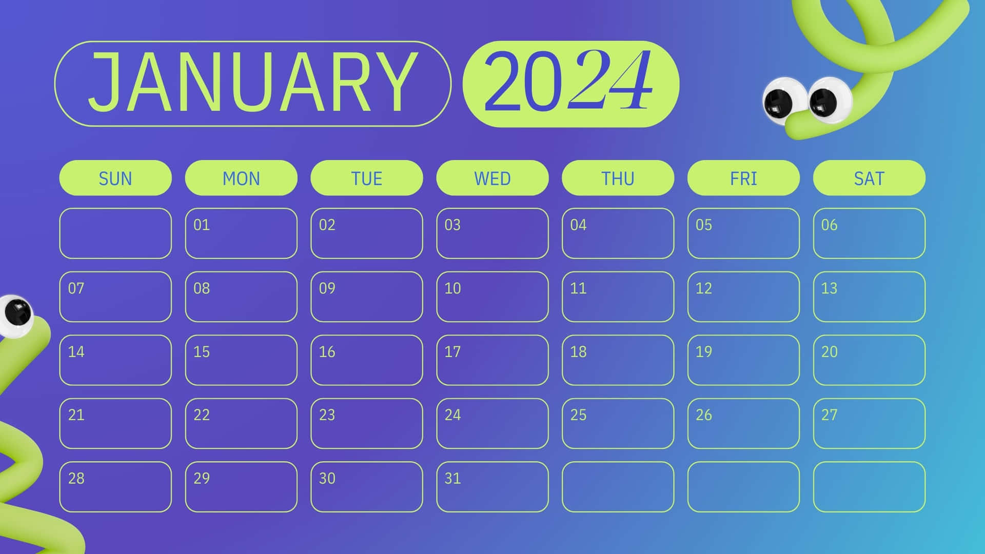  壁紙 — 2024年1月的鮮豔漸變色日曆，角落裡有俏皮的綠色卡通眼睛窺視。