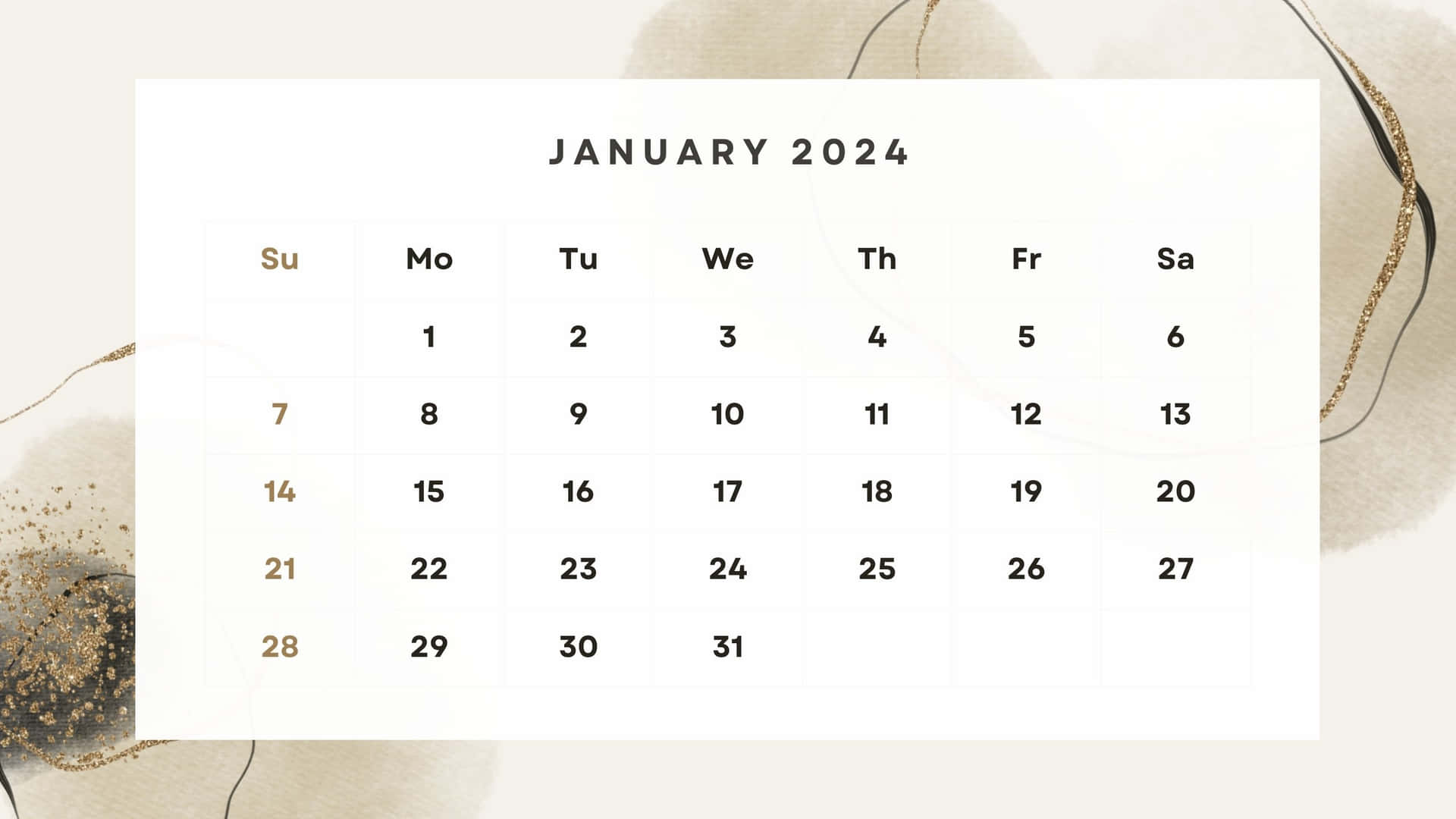  壁紙 — 2024年1月日曆，簡約米色抽象背景搭配金色點綴。