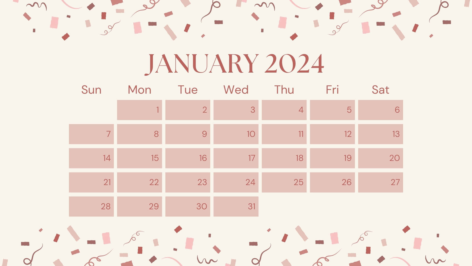  壁紙 — 2024年1月日曆，奶油色背景上帶有柔和粉紅色方塊和節日五彩紙屑點綴。