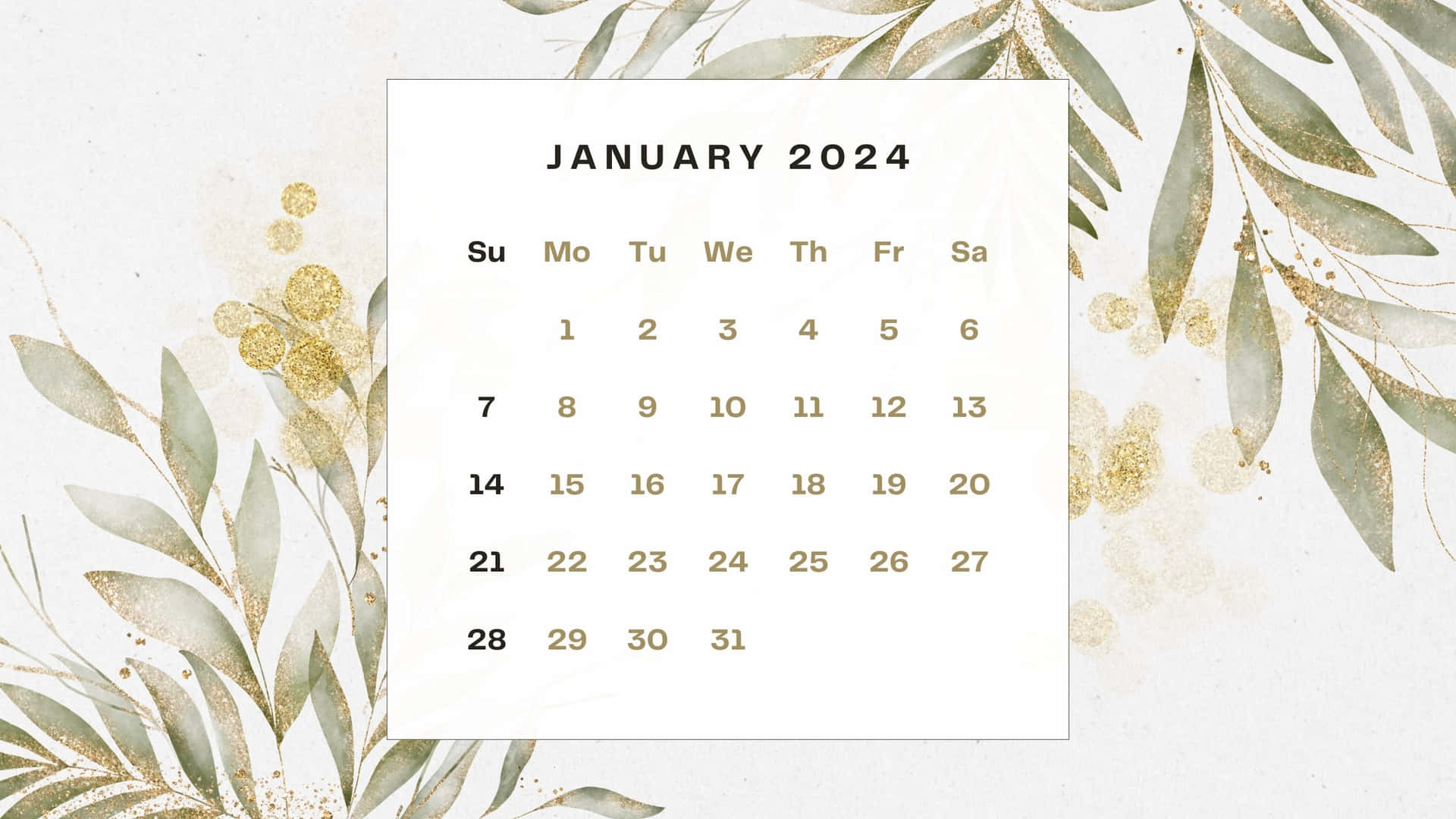  壁紙 — 2024年1月日曆，以優雅的綠色樹葉和金色閃粉點綴，襯托在柔軟的紋理背景上。