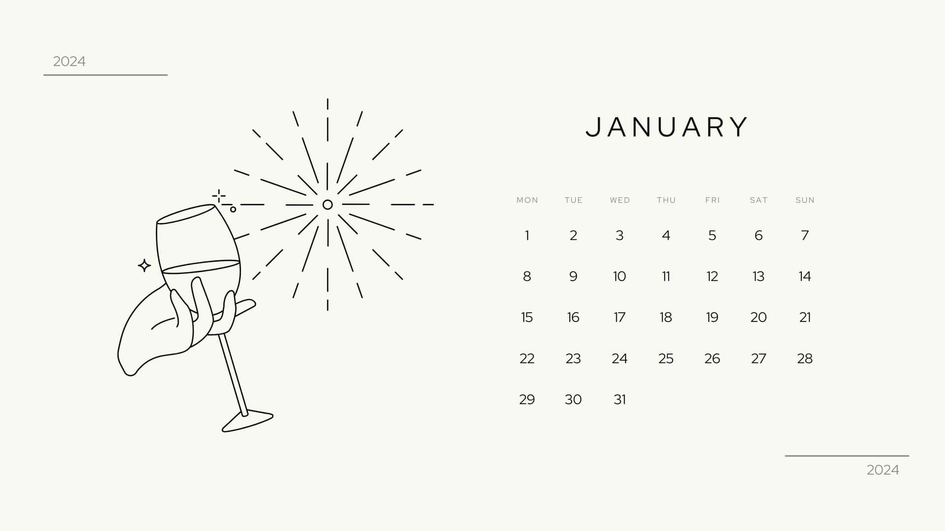  壁紙 — 2024年1月的極簡線條藝術日曆，一隻手拿著酒杯，周圍有慶祝的閃光。